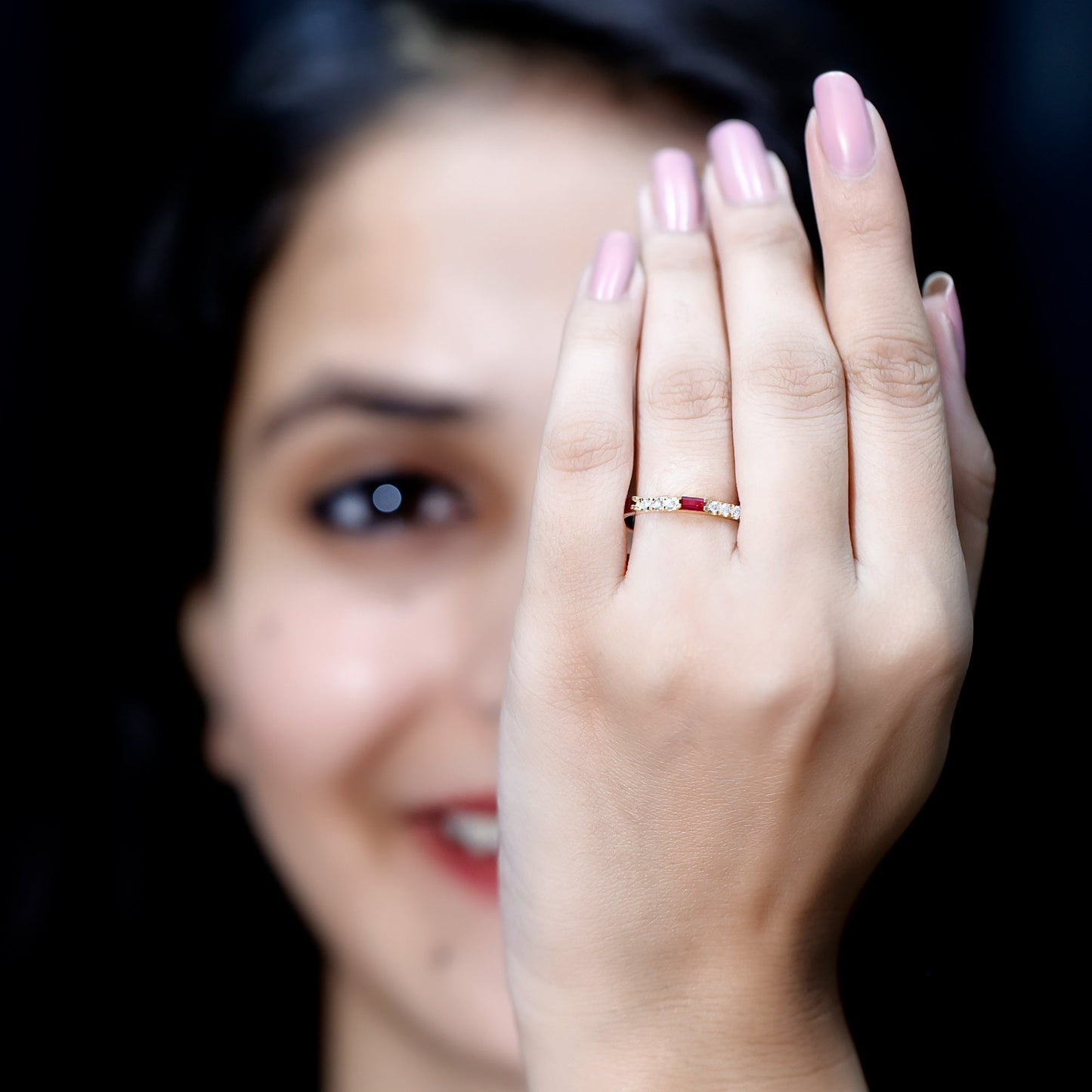 Baguette Cut Lab Grown Ruby Vintage Eternity Band with Diamond