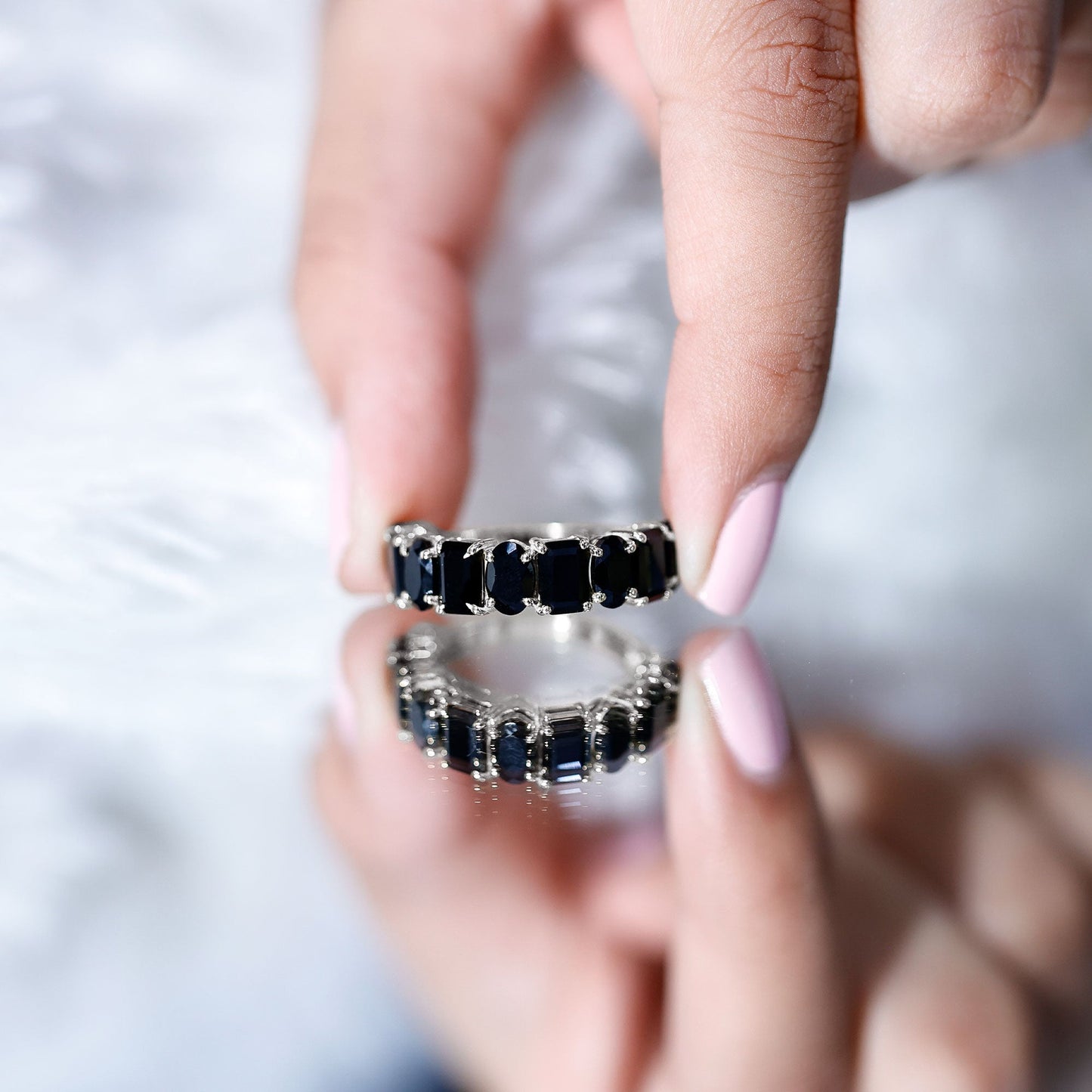 Oval and Emerald Cut Black Onyx Half Eternity Wedding Band