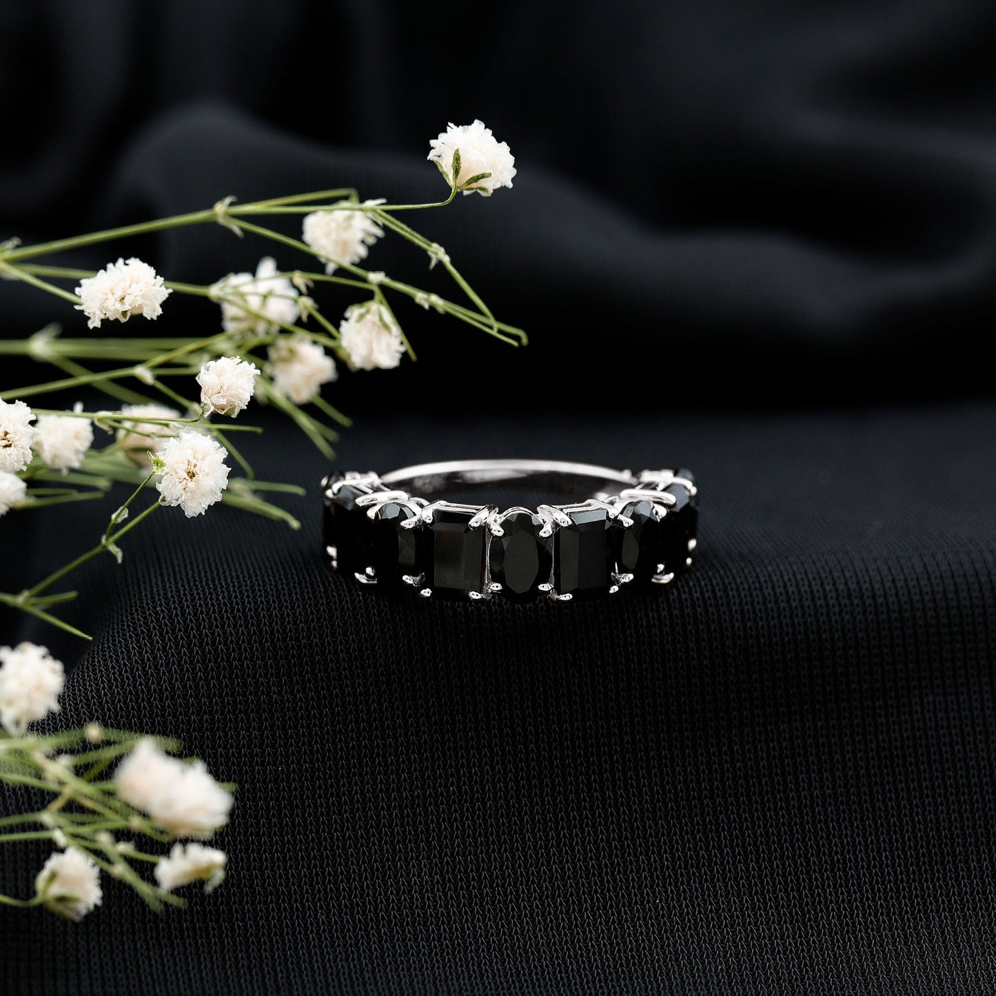 Oval and Emerald Cut Black Onyx Half Eternity Wedding Band