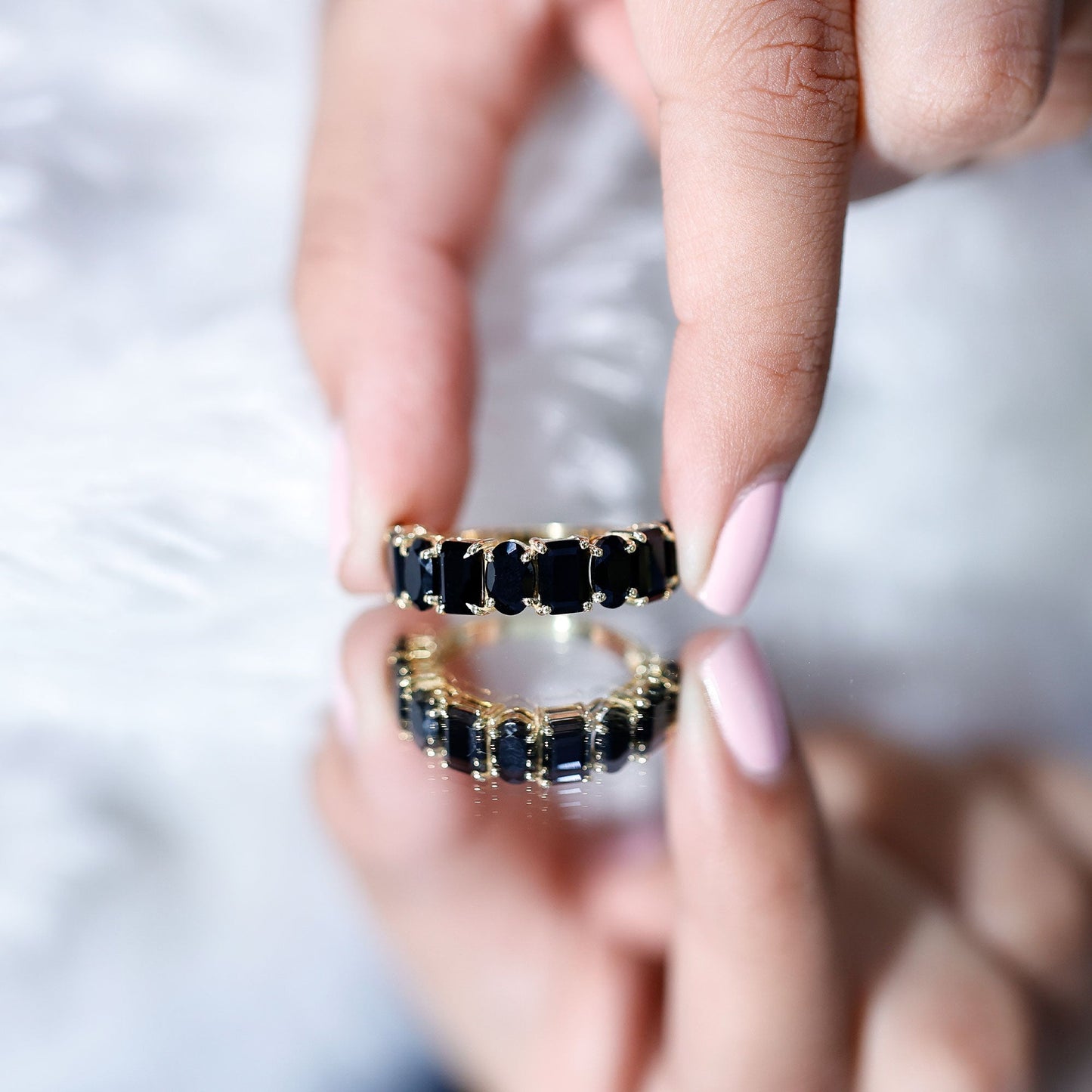 Oval and Emerald Cut Black Onyx Half Eternity Wedding Band