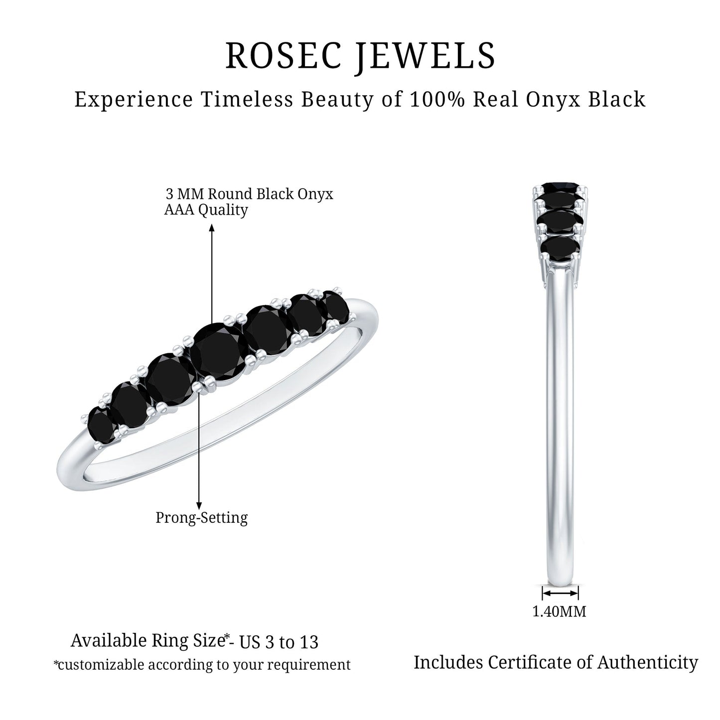 Round Cut Graduated Black Onyx Half Eternity Ring