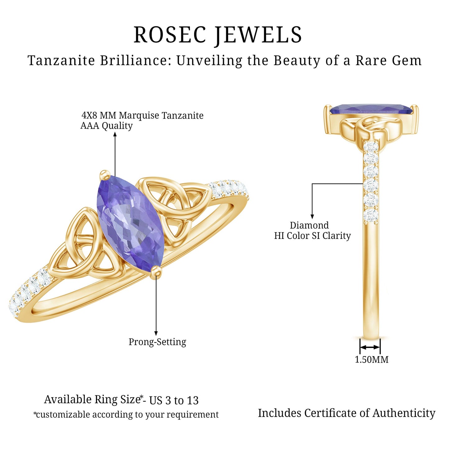 Real Marquise Tanzanite Diamond Engagement Ring with Celtic Knot