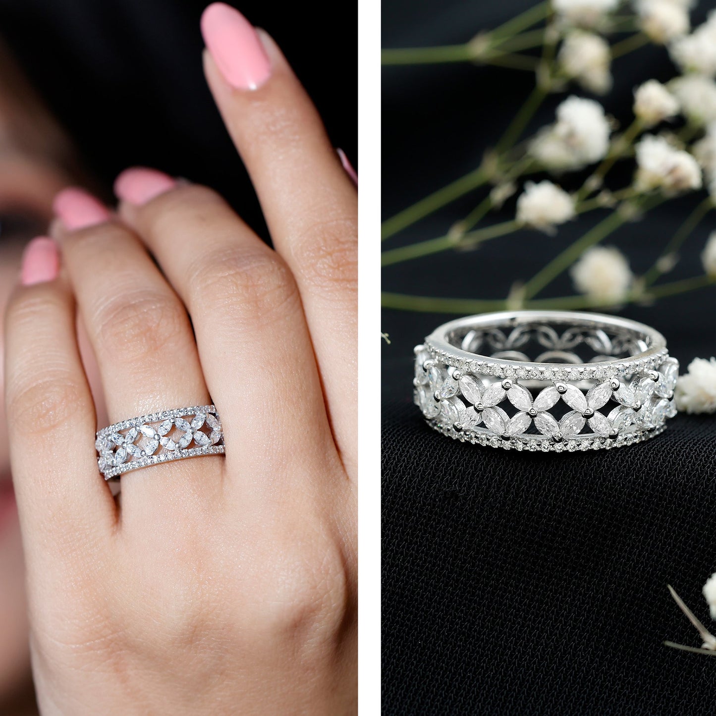 Certified Moissanite Flower Wedding Band for Women