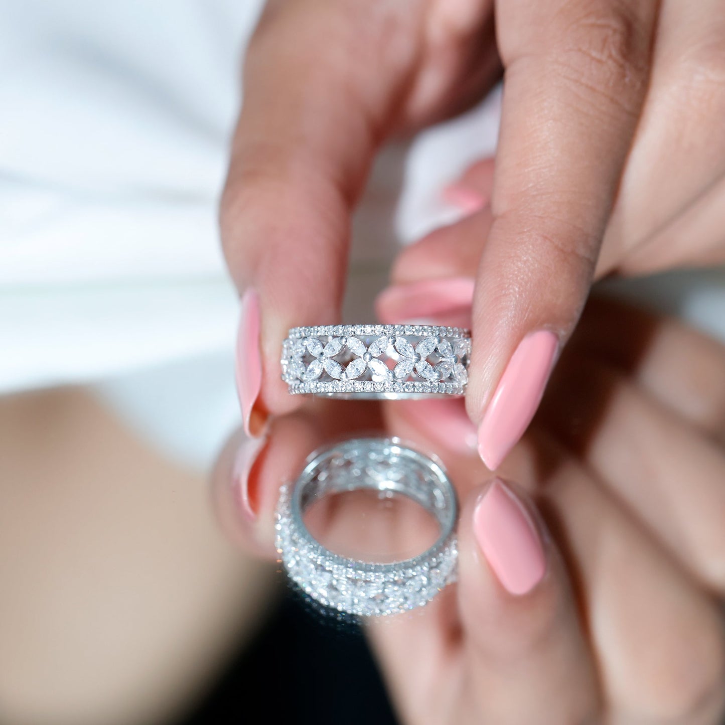 Certified Moissanite Flower Wedding Band for Women