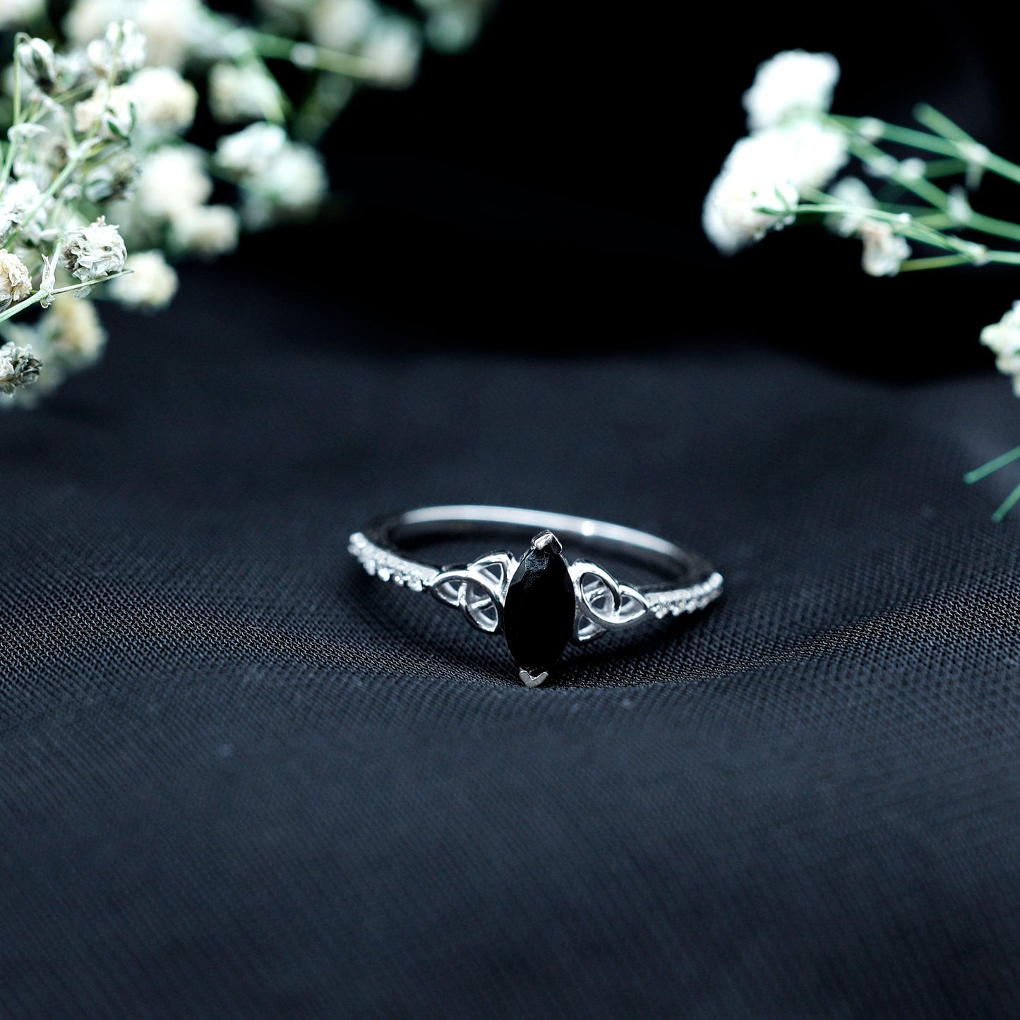 Genuine Black Onyx and Diamond Celtic Design Engagement Ring