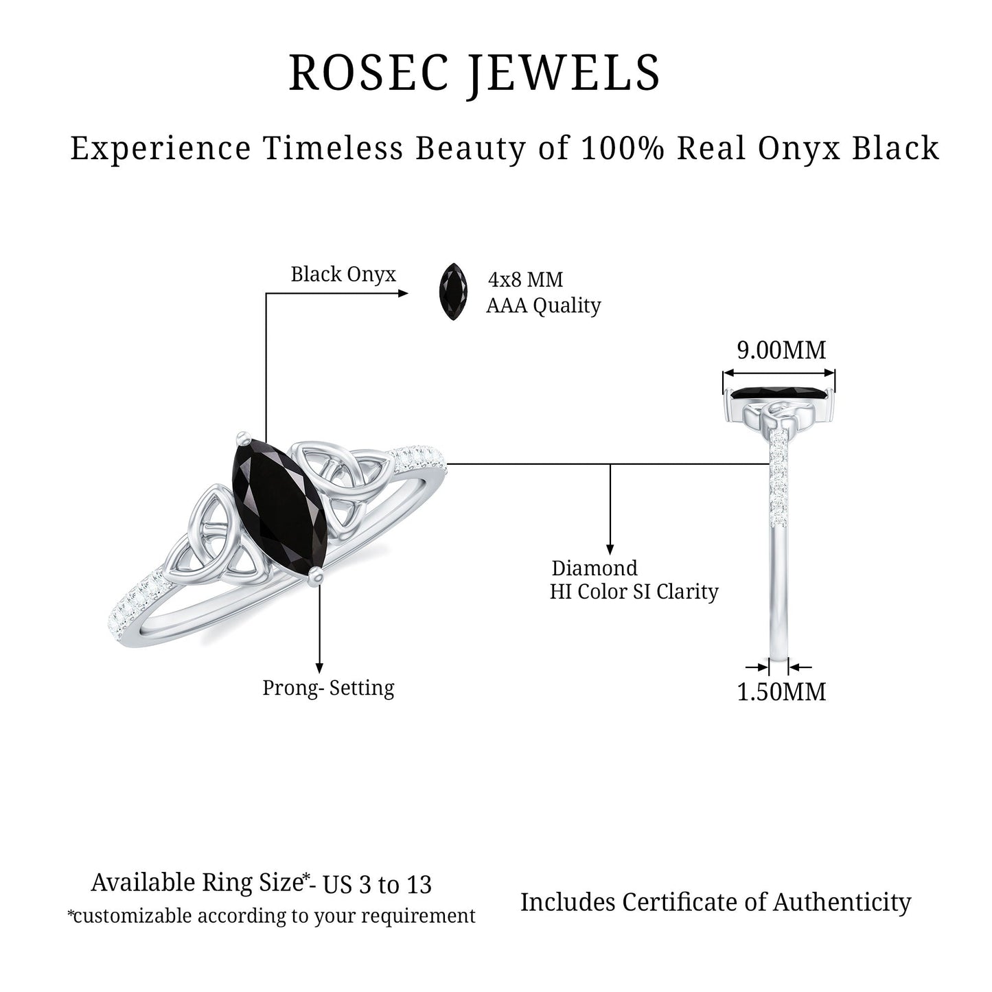 Genuine Black Onyx and Diamond Celtic Design Engagement Ring