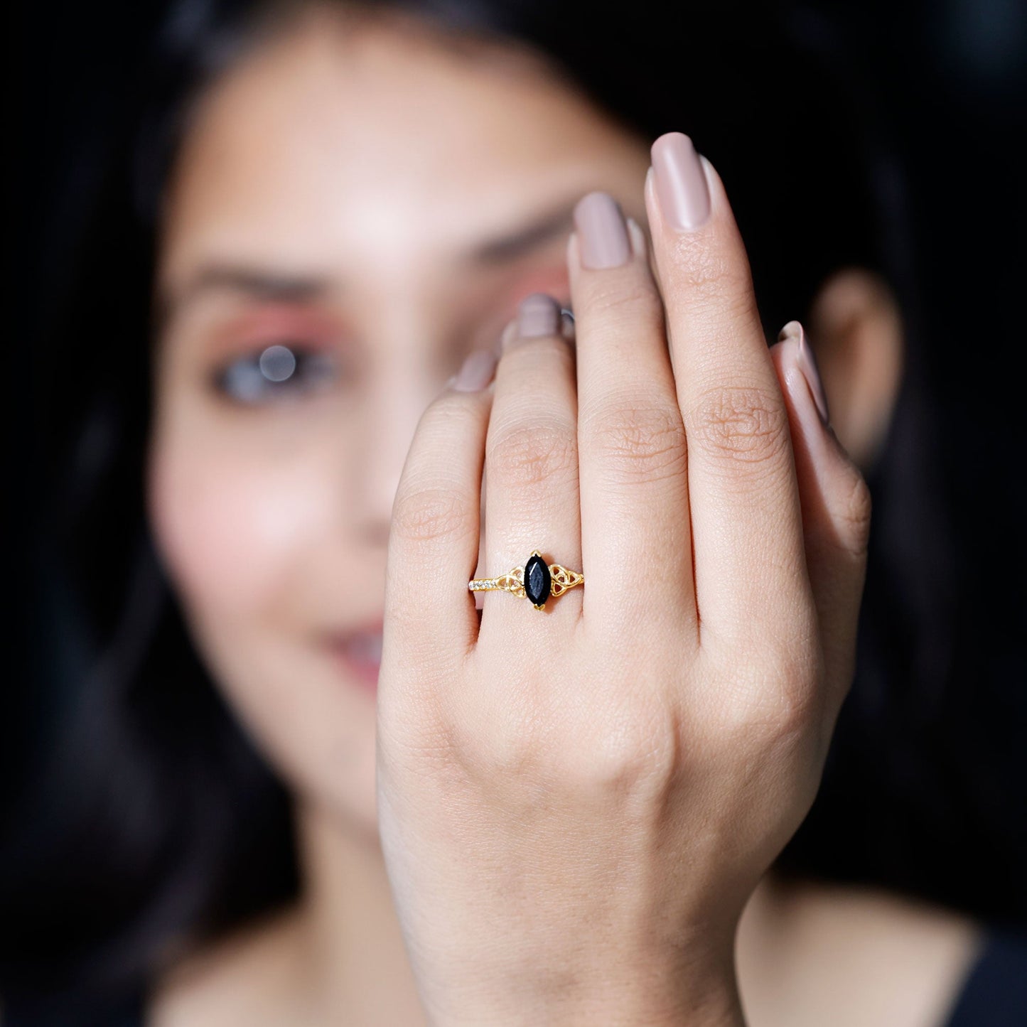 Genuine Black Onyx and Diamond Celtic Design Engagement Ring