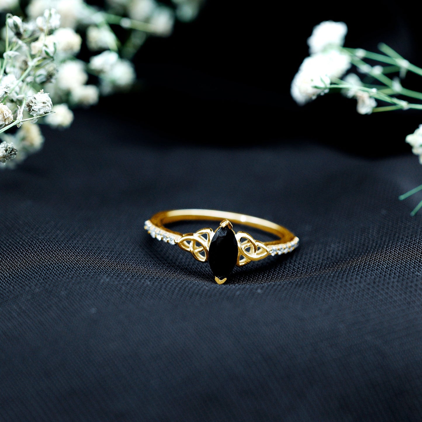 Genuine Black Onyx and Diamond Celtic Design Engagement Ring