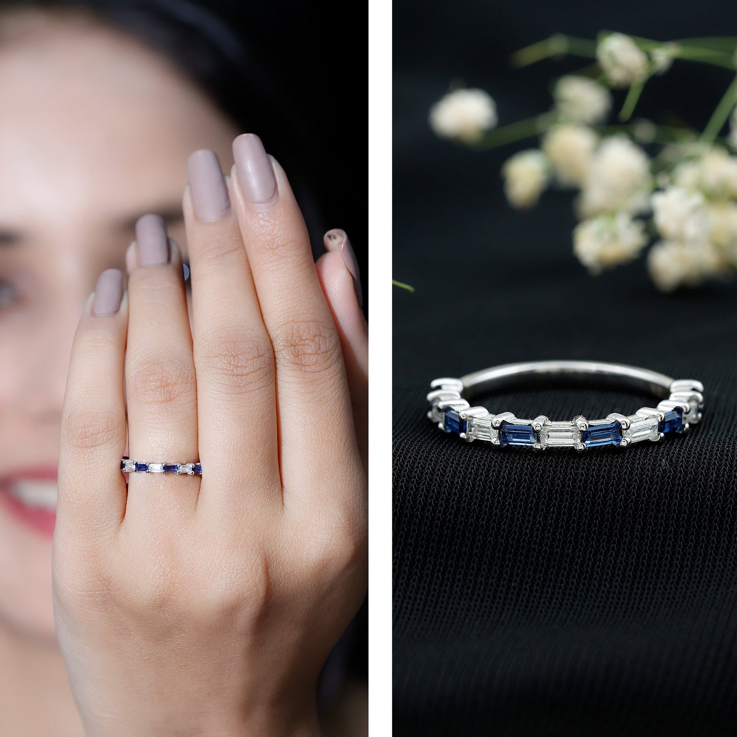 Lab Grown Blue Sapphire Baguette Eternity Ring with Moissanite