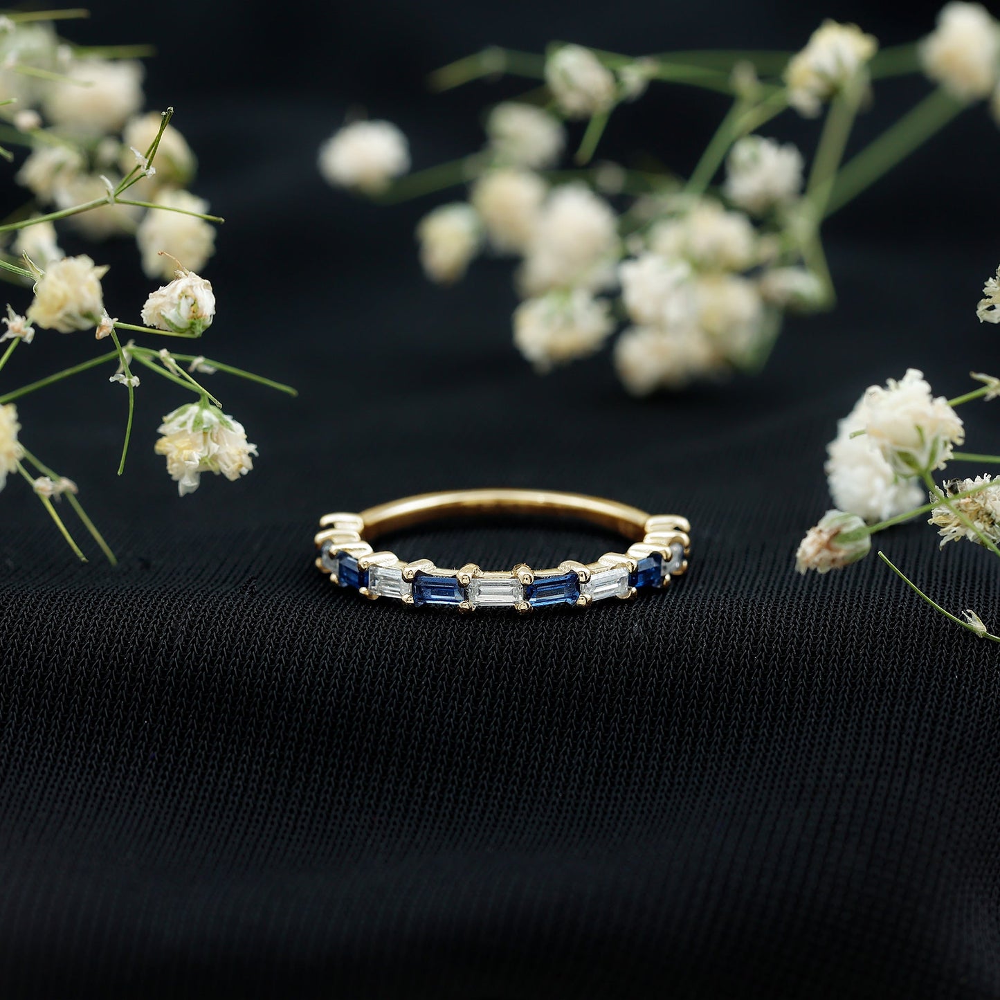 Lab Grown Blue Sapphire Baguette Eternity Ring with Moissanite