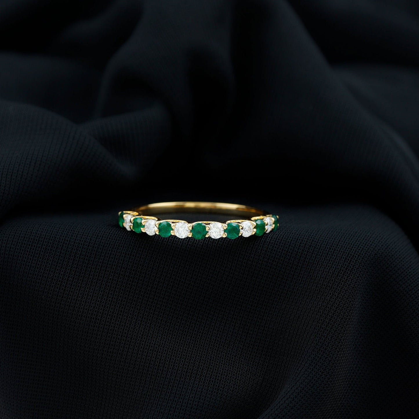 Trellis Set Round Emerald and Diamond Half Eternity Ring