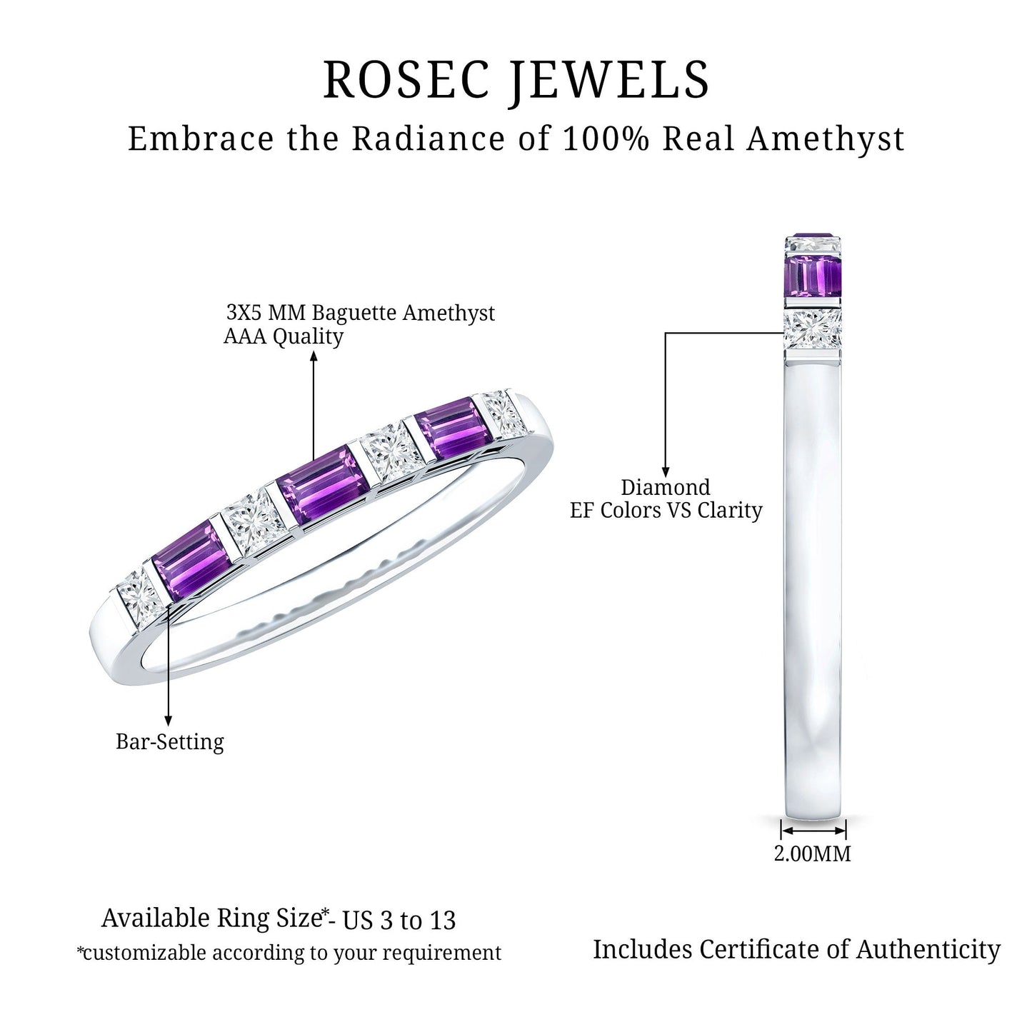 Natural Baguette Amethyst Promise Ring with Diamond for Women