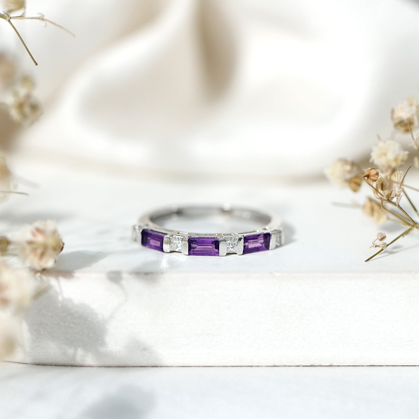 Natural Baguette Amethyst Promise Ring with Diamond for Women