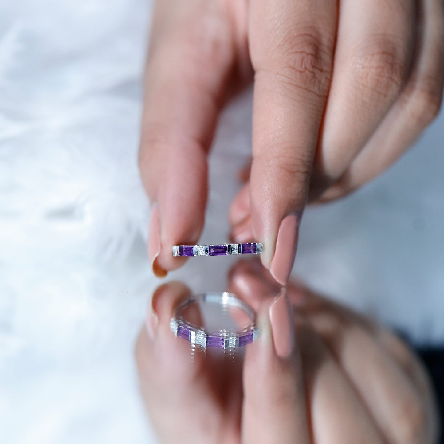 Natural Baguette Amethyst Promise Ring with Diamond for Women