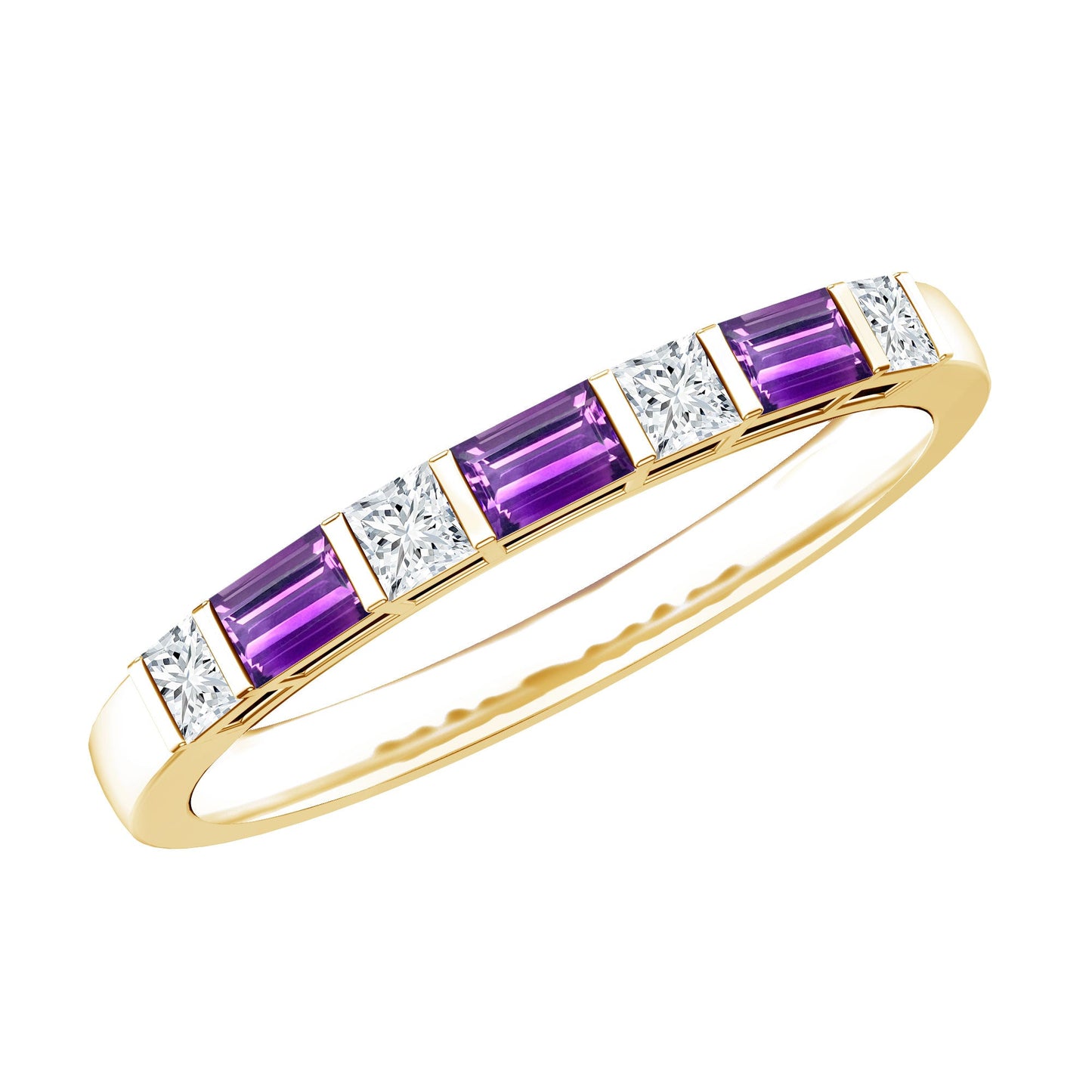 Natural Baguette Amethyst Promise Ring with Diamond for Women