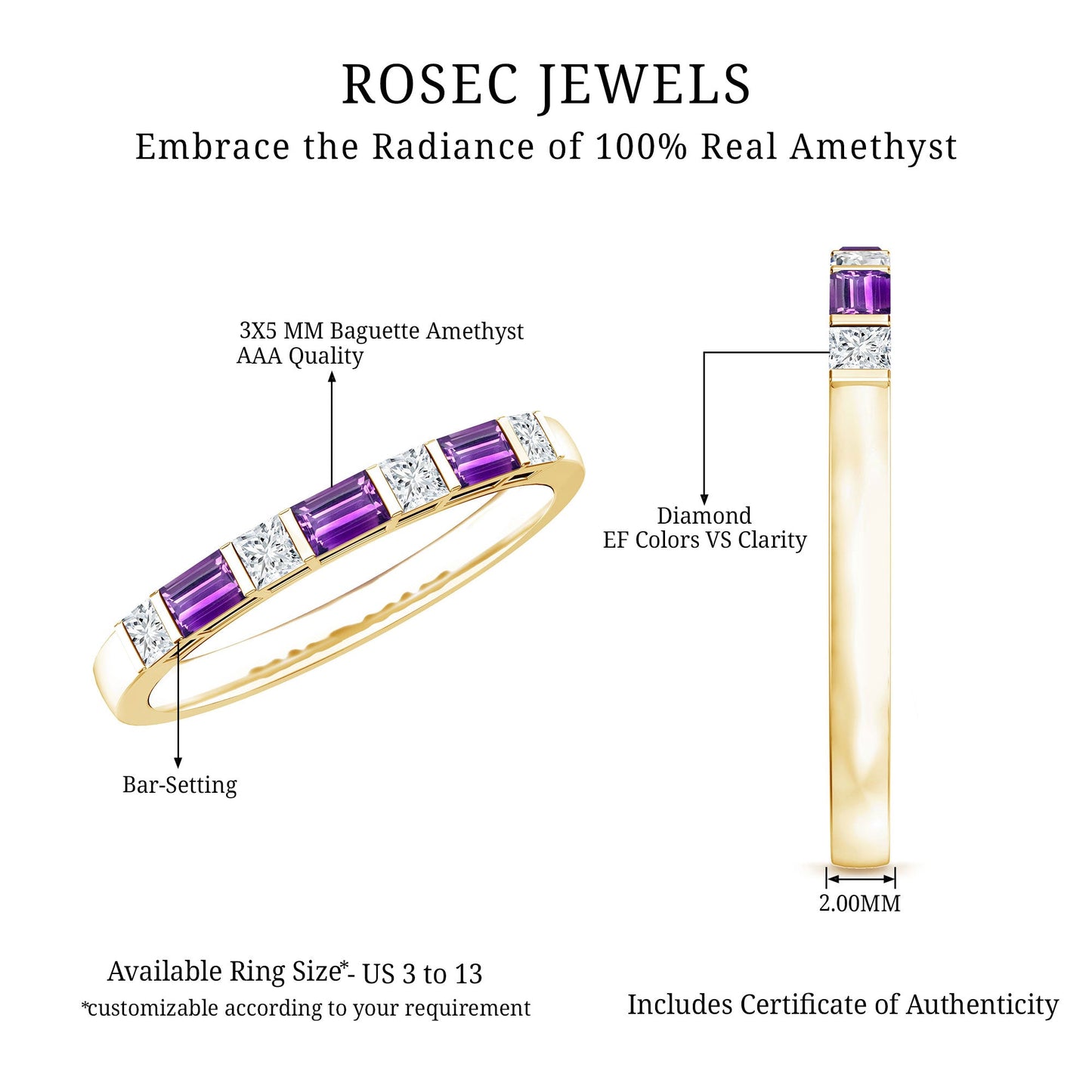 Natural Baguette Amethyst Promise Ring with Diamond for Women