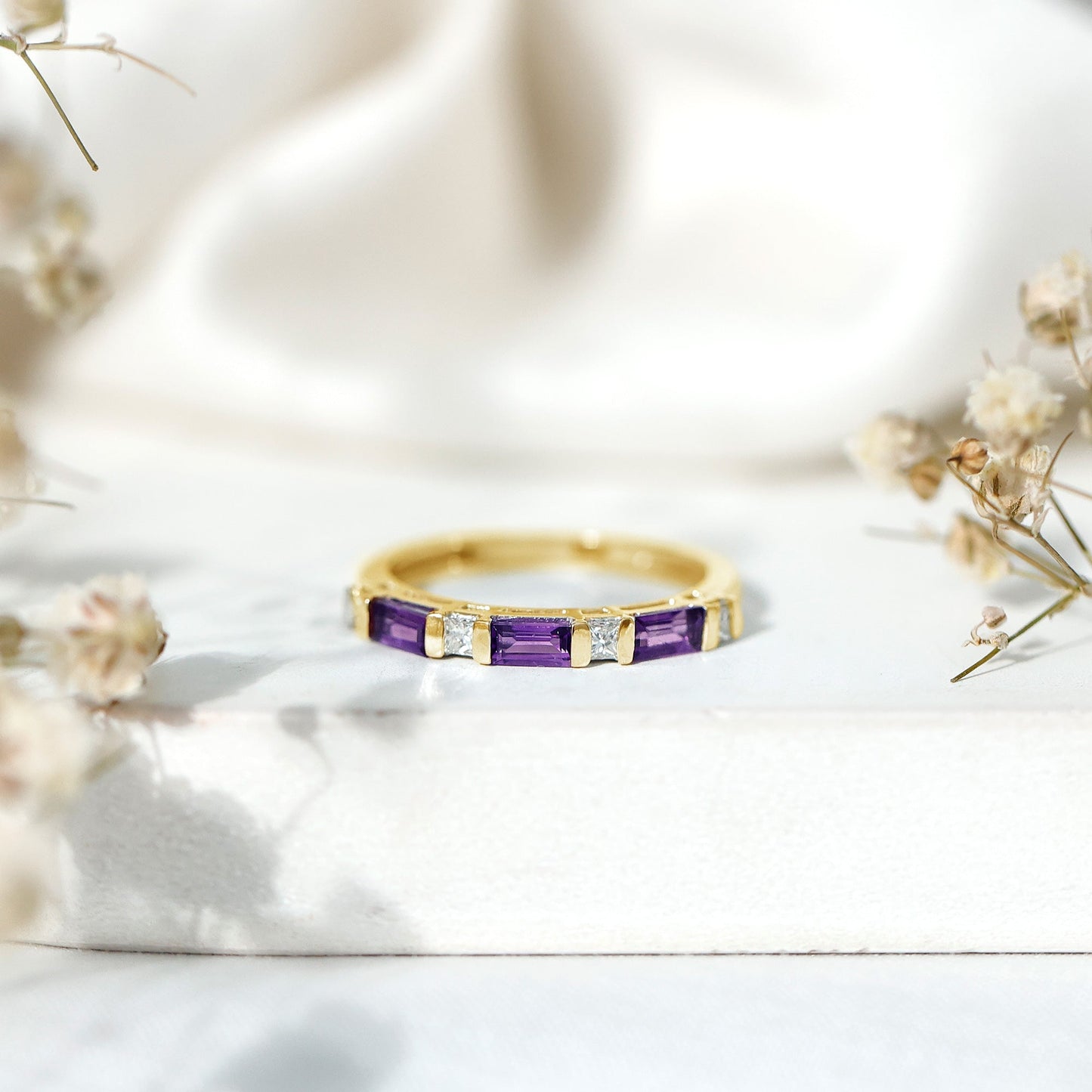 Natural Baguette Amethyst Promise Ring with Diamond for Women