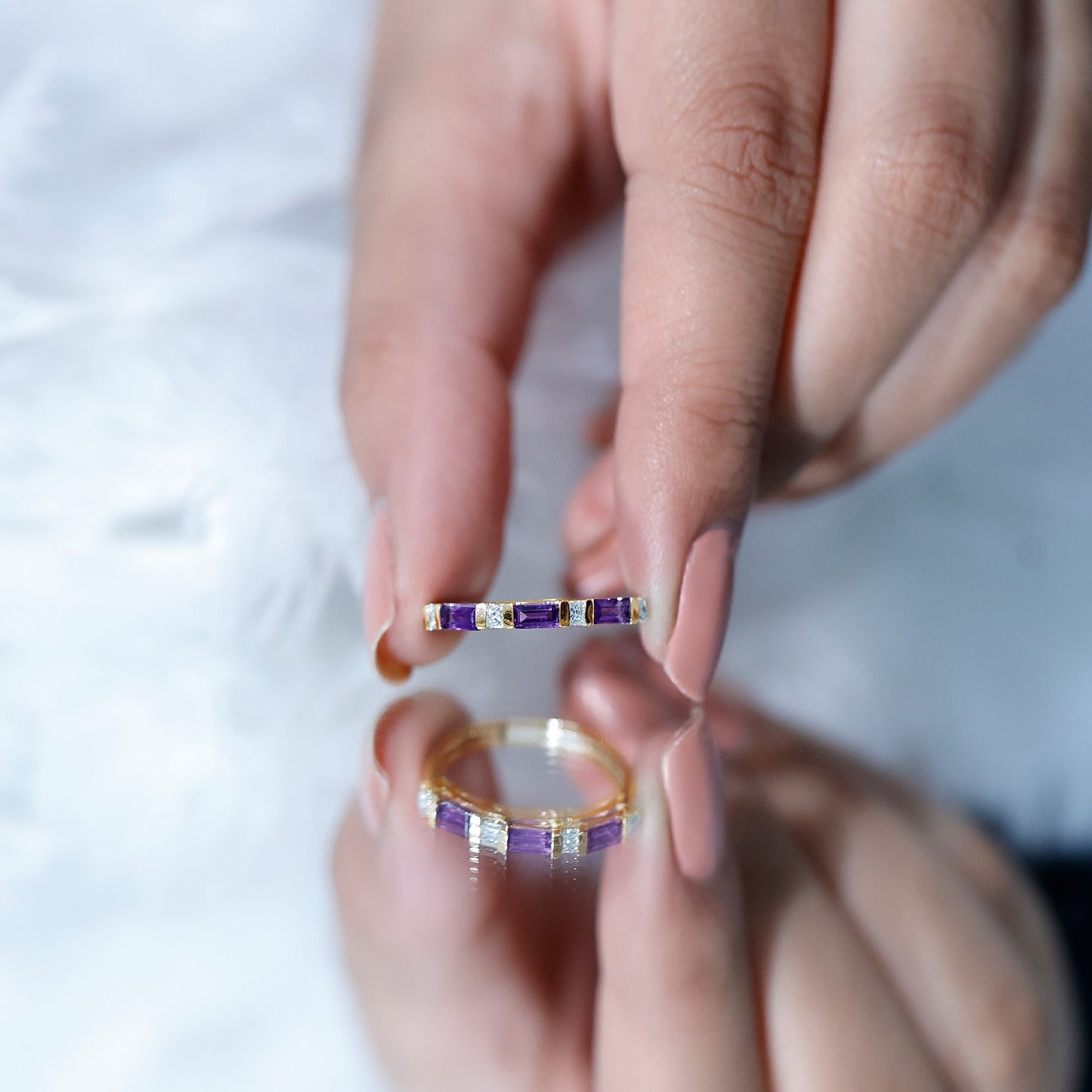 Natural Baguette Amethyst Promise Ring with Diamond for Women