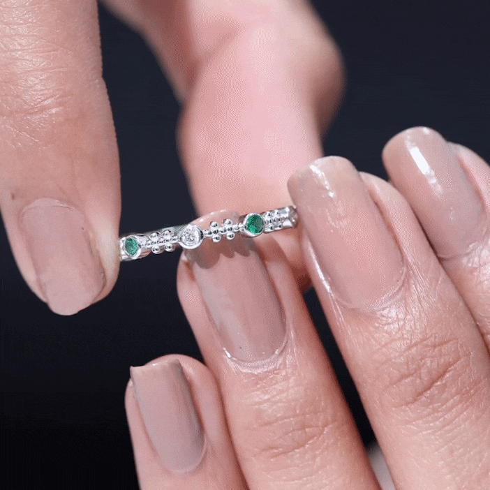 Lab Grown Emerald Diamond Half Eternity Ring with Beaded Detailing