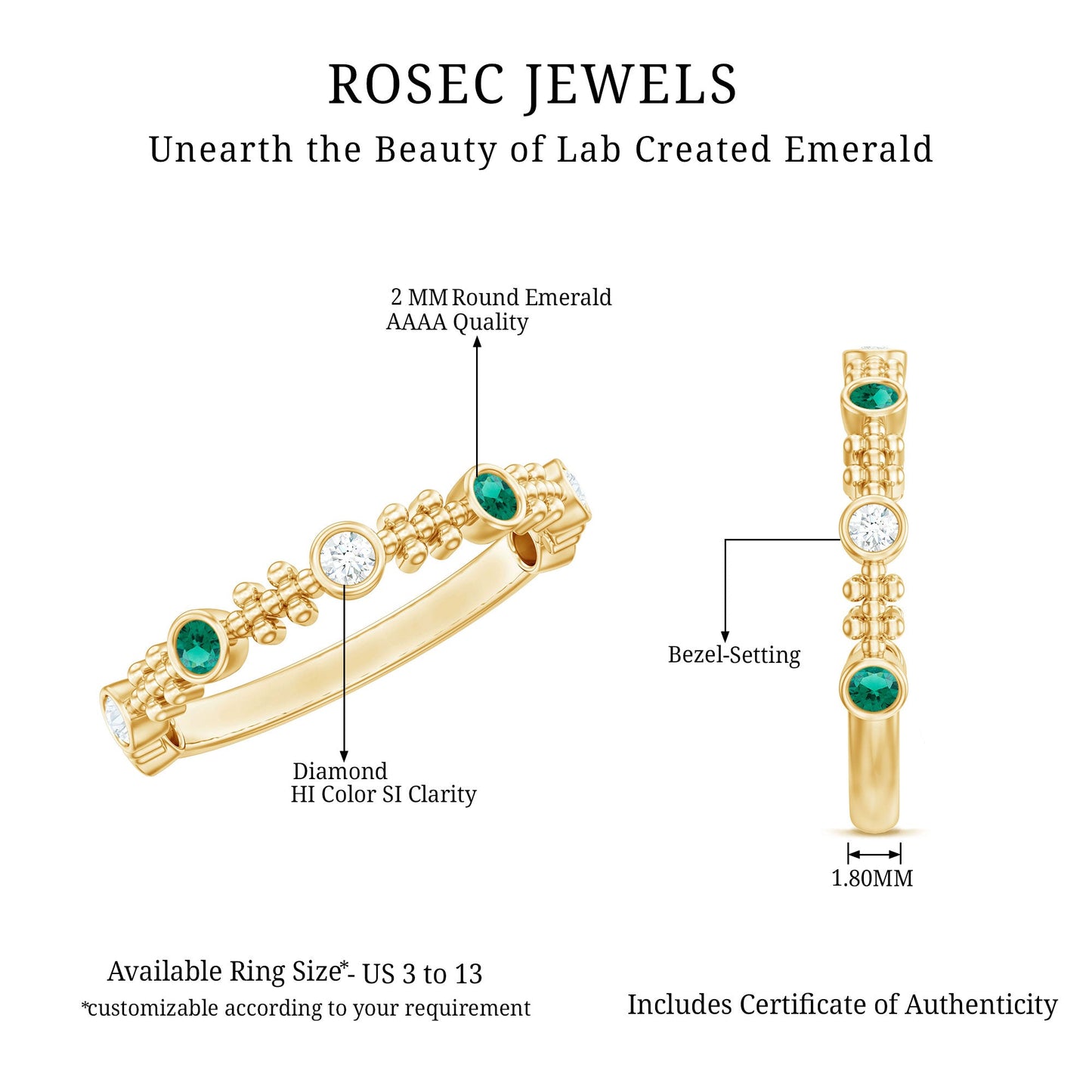 Lab Grown Emerald Diamond Half Eternity Ring with Beaded Detailing