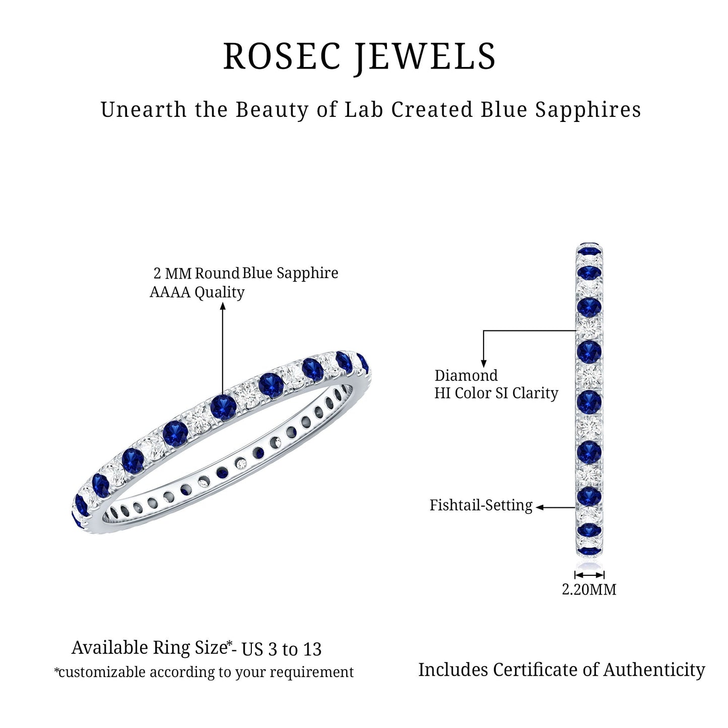 Certified Lab Grown Blue Sapphire Eternity Ring with Diamond
