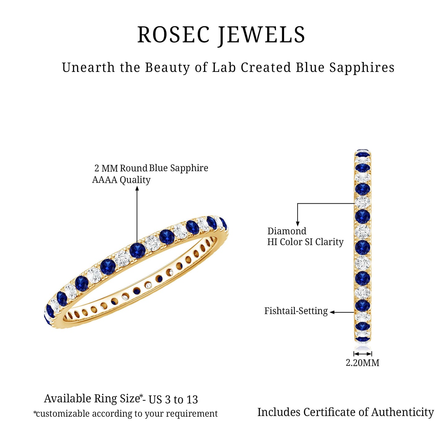 Certified Lab Grown Blue Sapphire Eternity Ring with Diamond