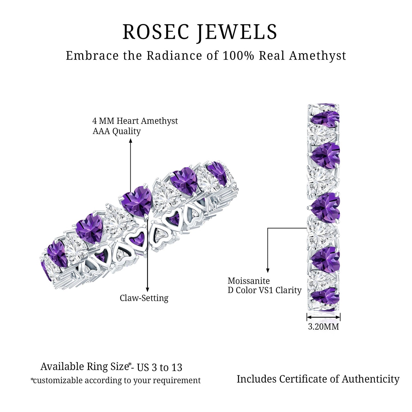 Certified Natural Amethyst Heart Eternity Ring with Moissanite