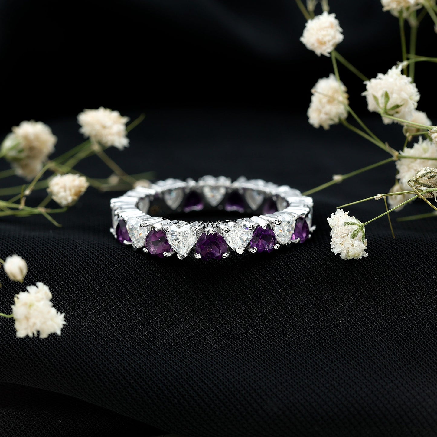 Certified Natural Amethyst Heart Eternity Ring with Moissanite