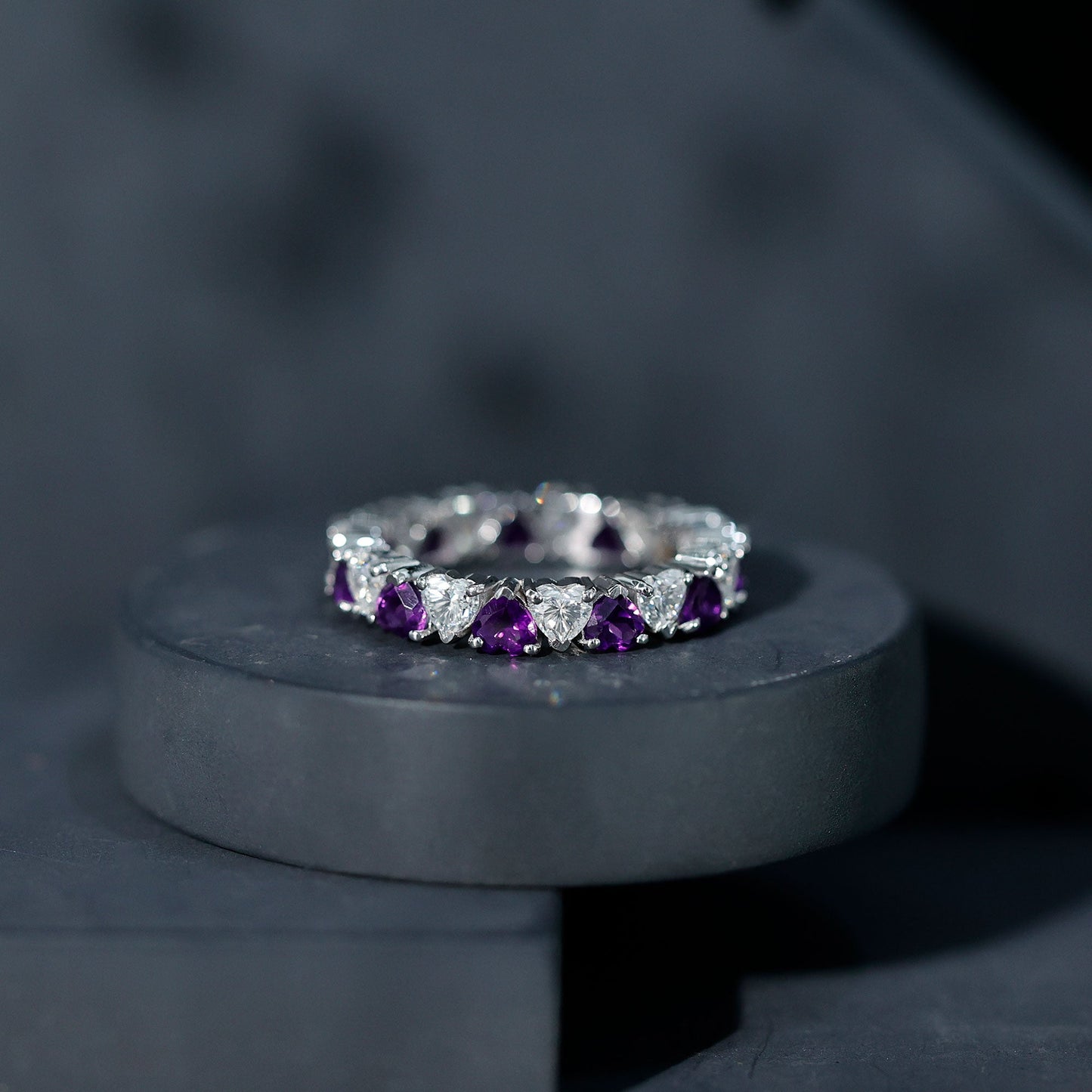 Certified Natural Amethyst Heart Eternity Ring with Moissanite