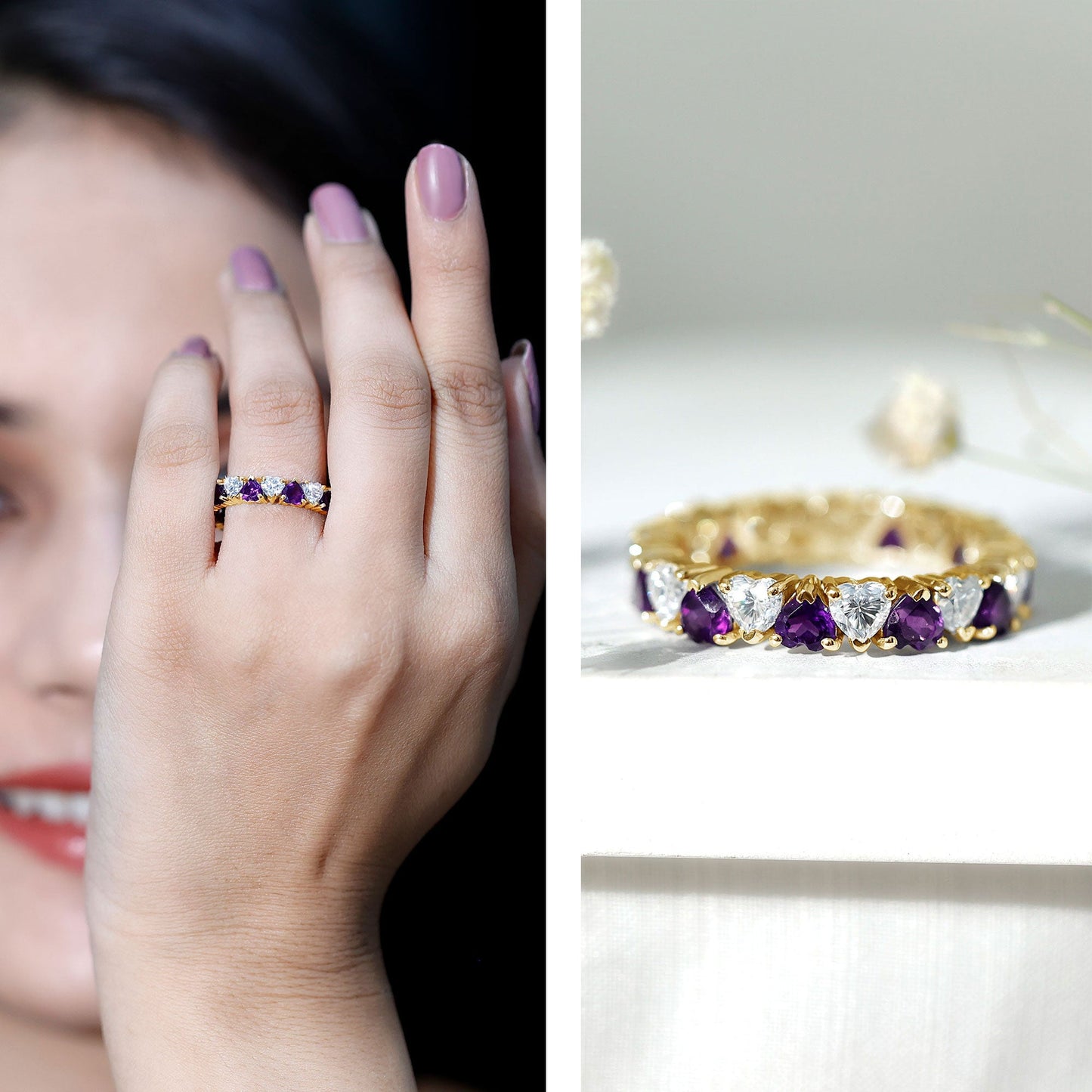 Certified Natural Amethyst Heart Eternity Ring with Moissanite