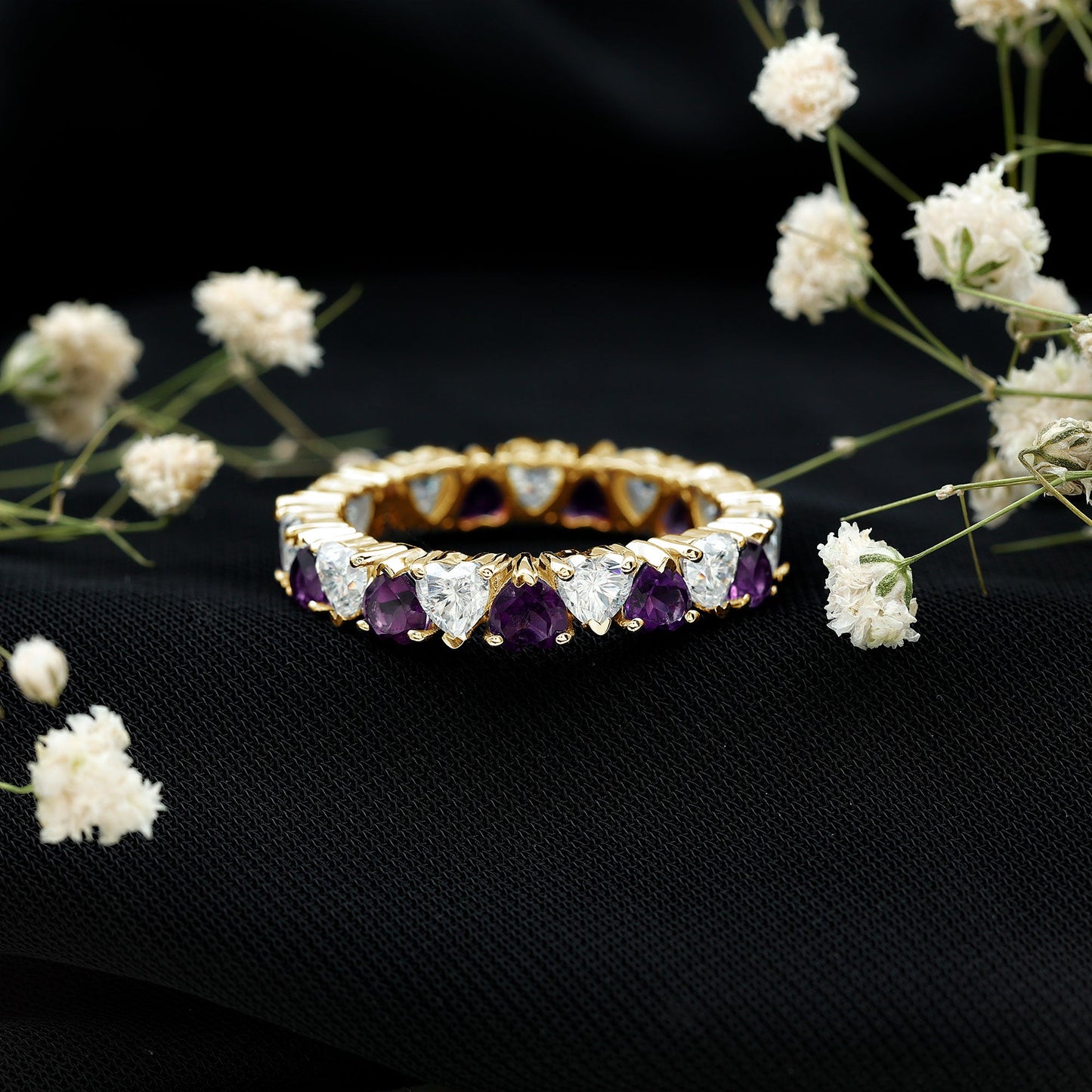Certified Natural Amethyst Heart Eternity Ring with Moissanite