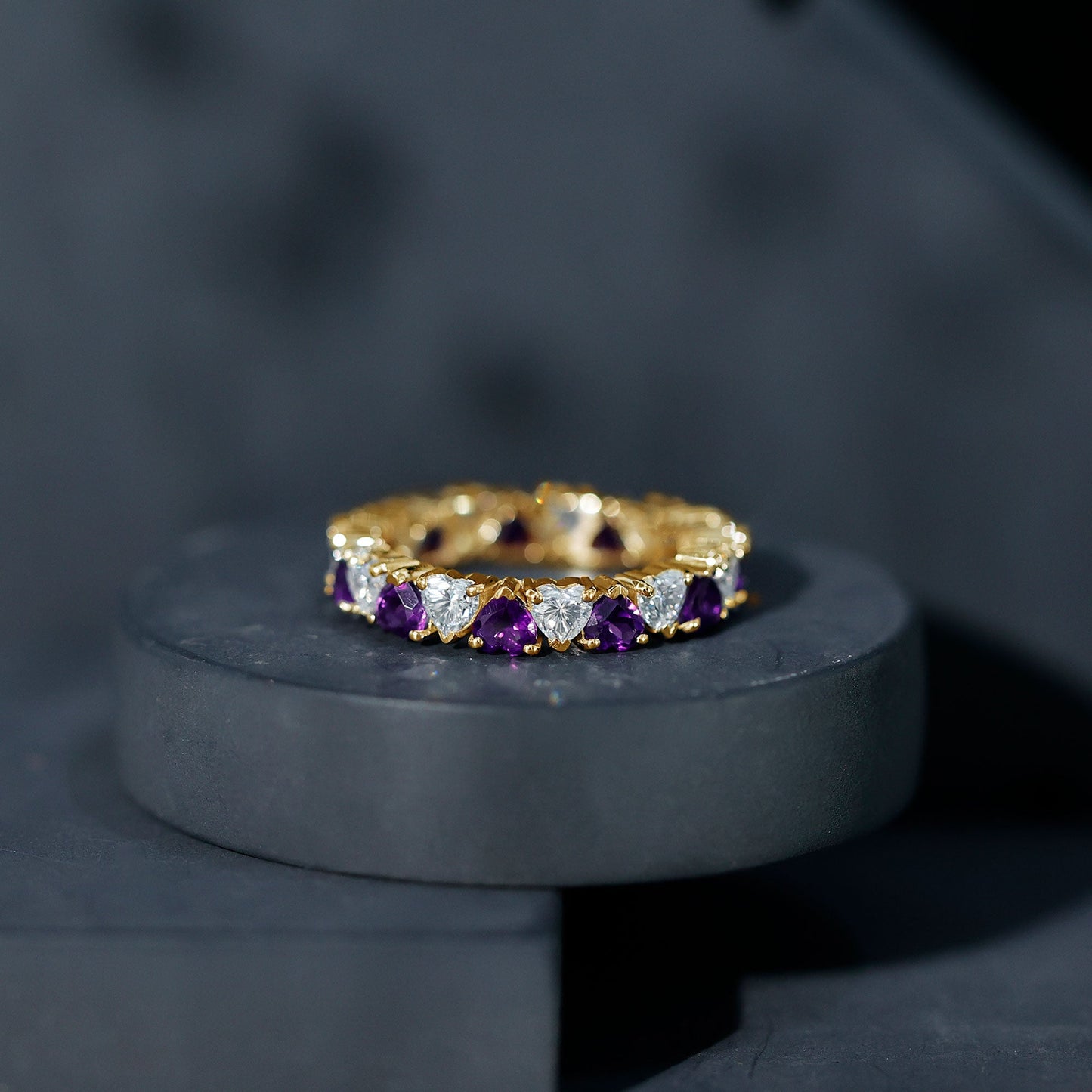 Certified Natural Amethyst Heart Eternity Ring with Moissanite