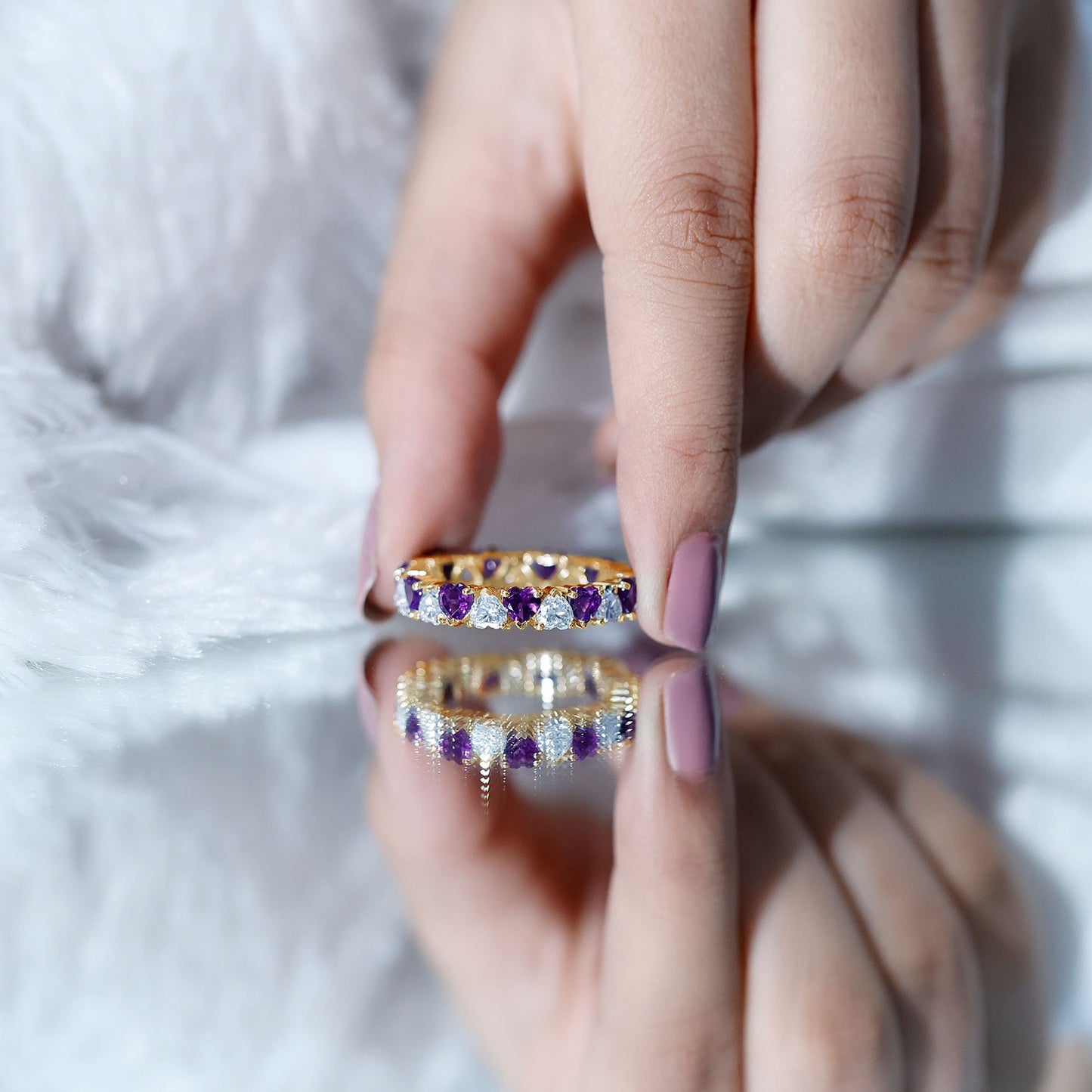 Certified Natural Amethyst Heart Eternity Ring with Moissanite