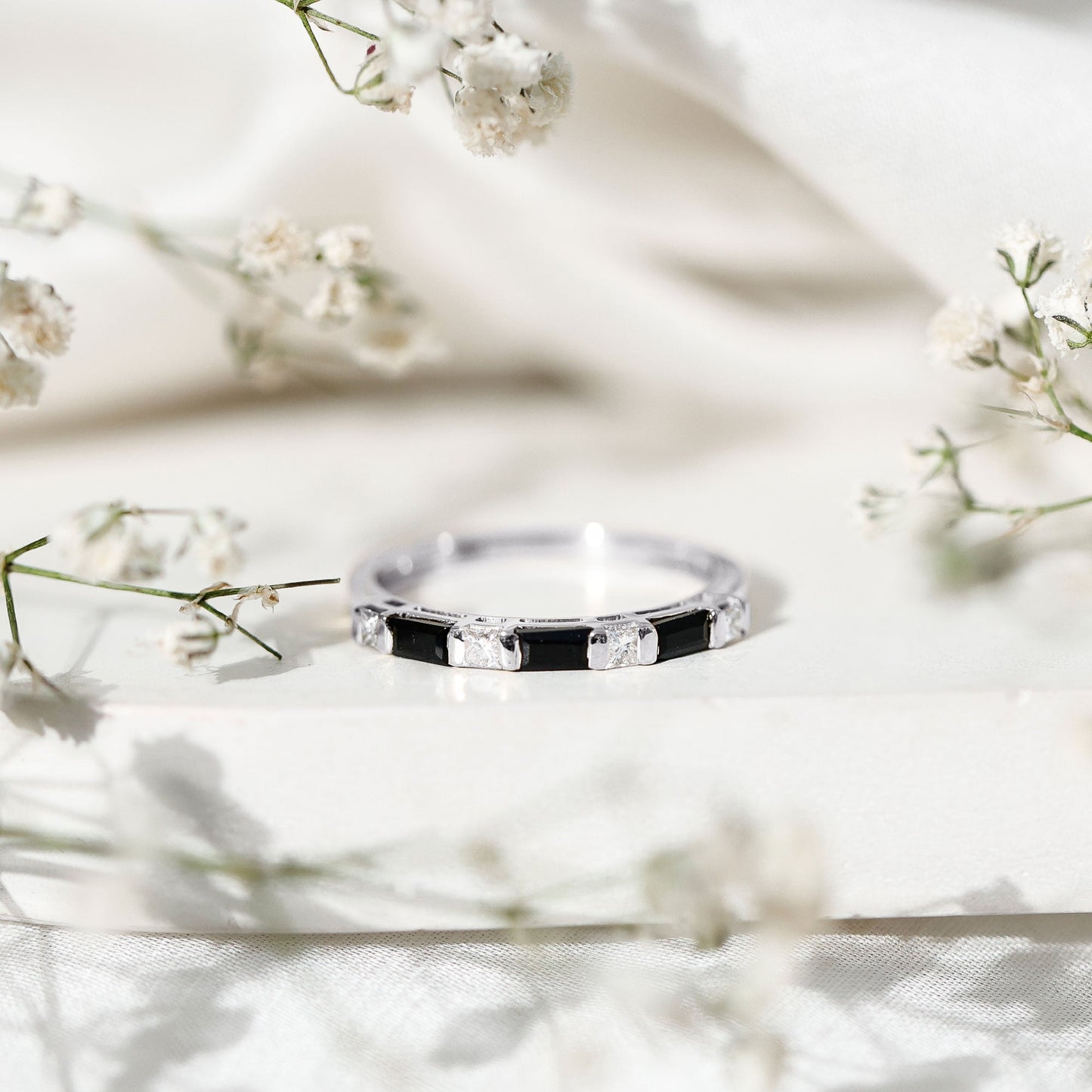 Bar Set Black Onyx and Diamond Half Eternity Wedding Band