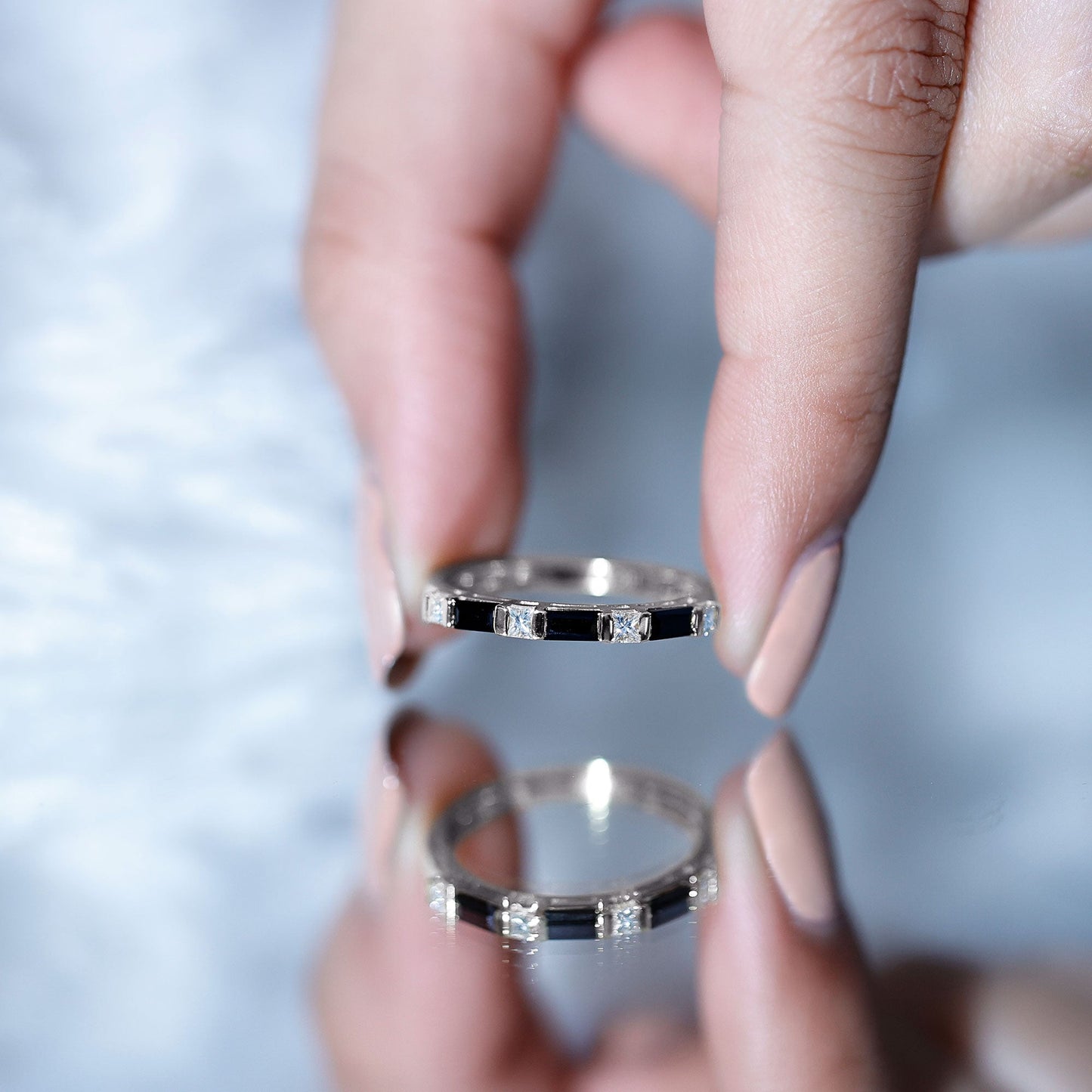 Bar Set Black Onyx and Diamond Half Eternity Wedding Band