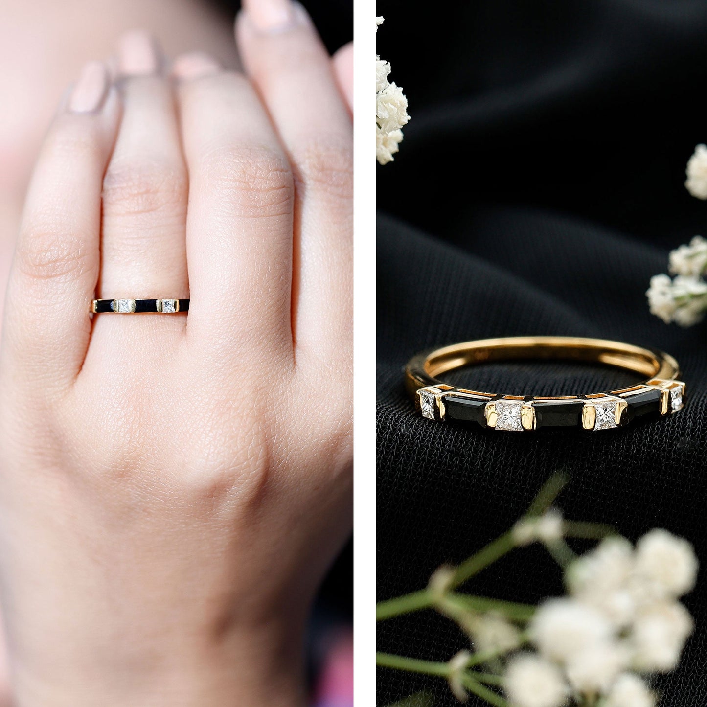 Bar Set Black Onyx and Diamond Half Eternity Wedding Band