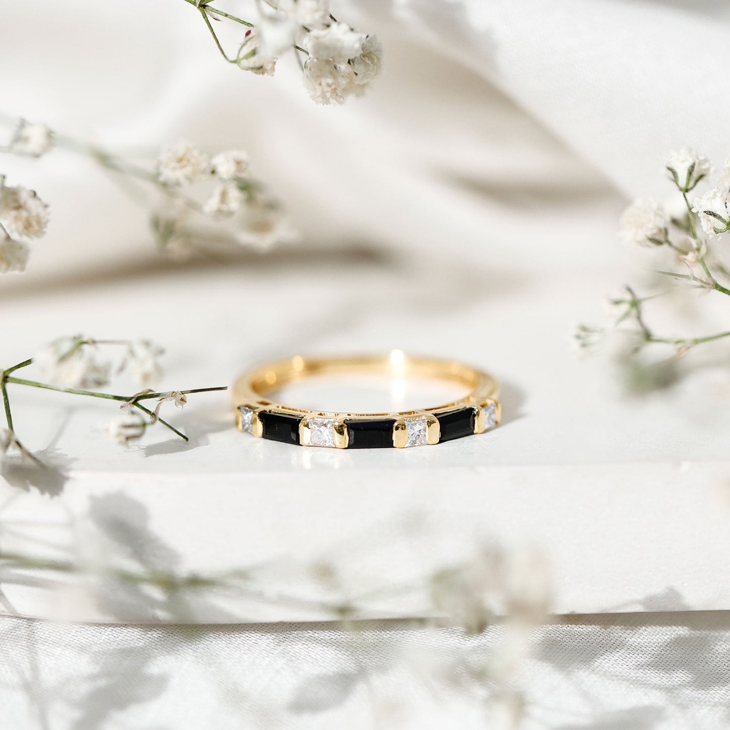 Bar Set Black Onyx and Diamond Half Eternity Wedding Band