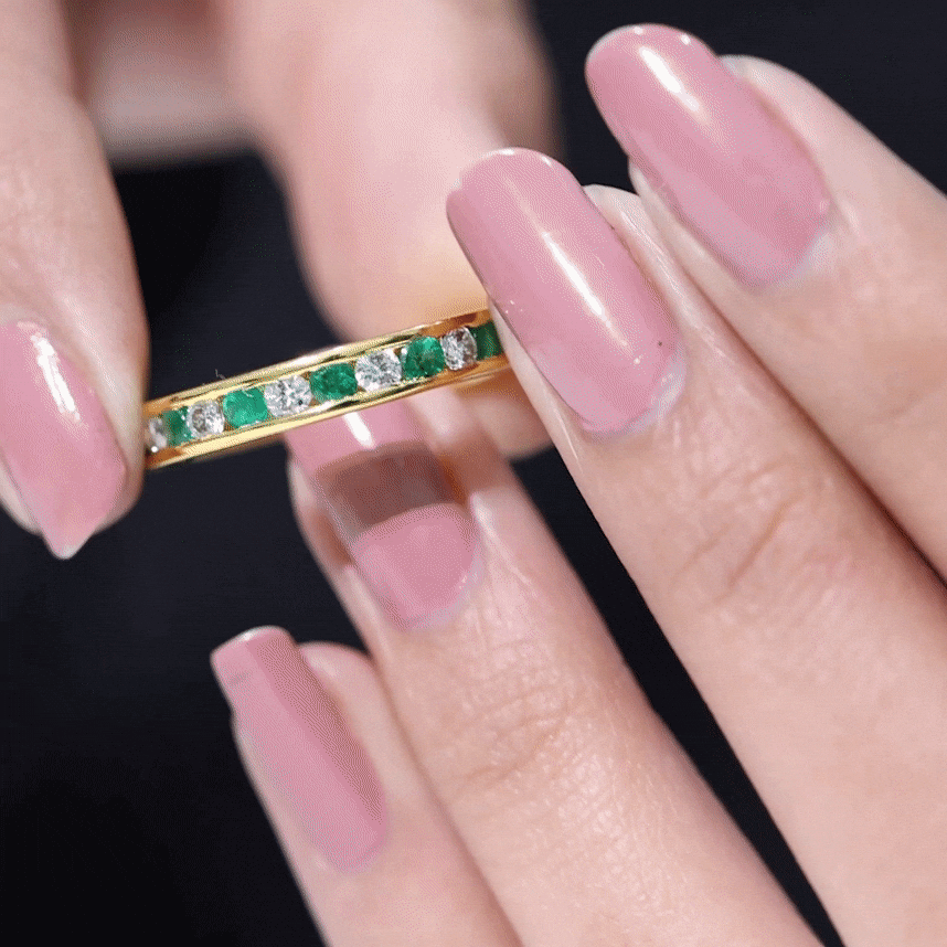Channel Set Emerald and Diamond Half Eternity Band Ring
