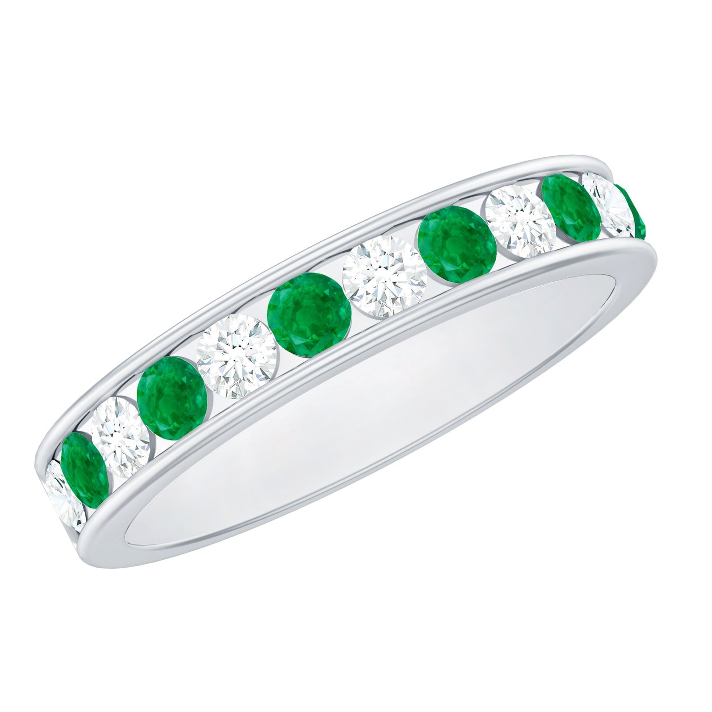 Channel Set Emerald and Diamond Half Eternity Band Ring