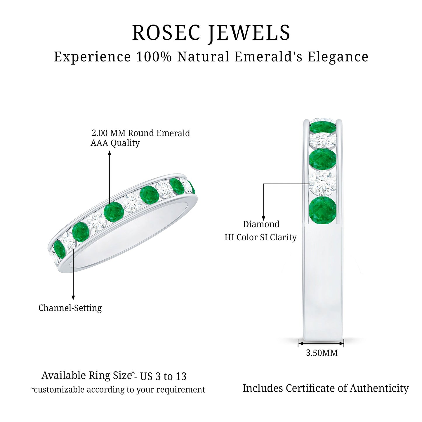 Channel Set Emerald and Diamond Half Eternity Band Ring