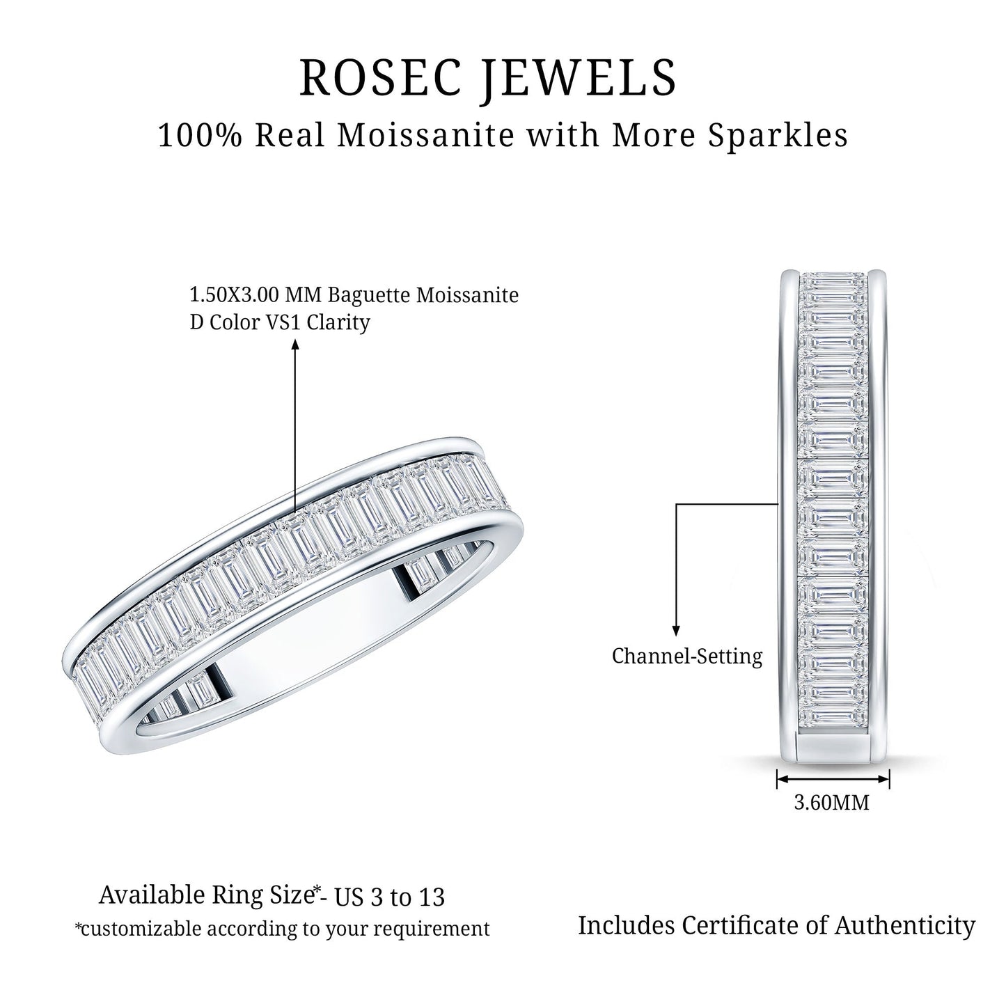 Baguette Cut Moissanite Wedding Band in Channel Setting