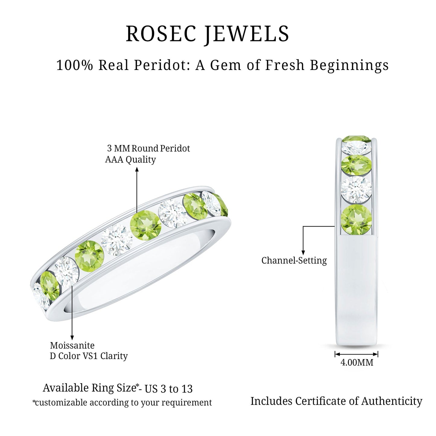 Channel Set Peridot and Diamond Half Eternity Ring for Women