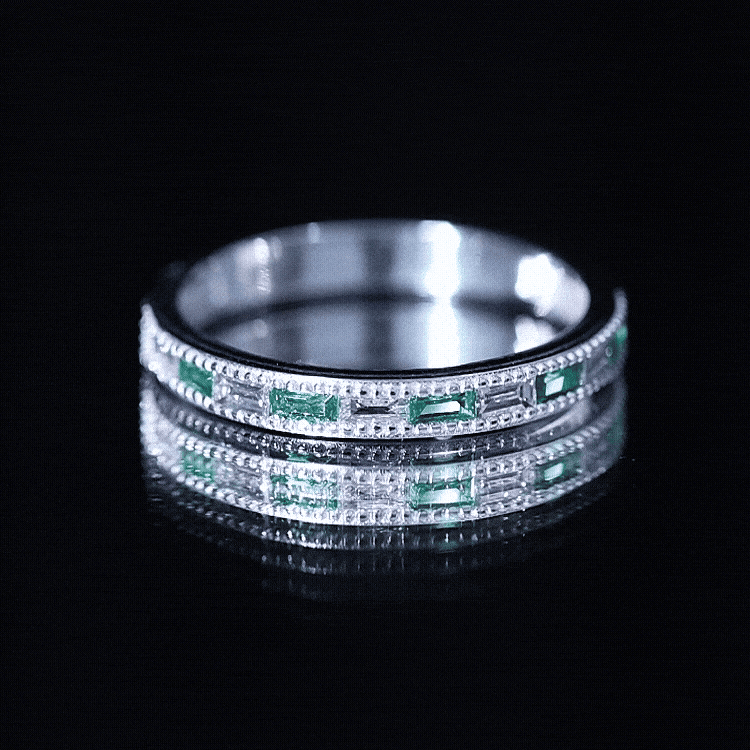 Baguette Cut Lab Grown Emerald and Diamond Band Ring