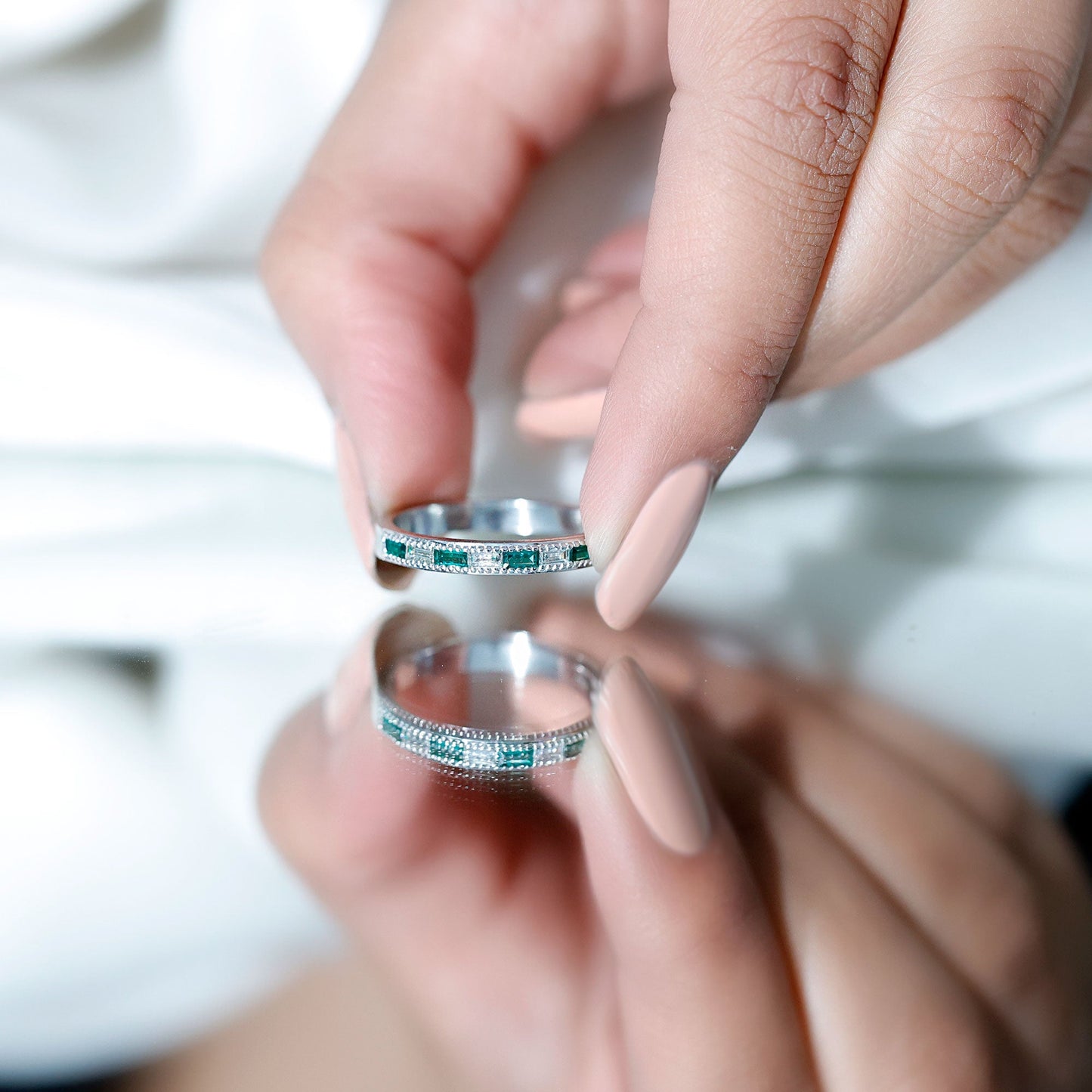 Baguette Cut Lab Grown Emerald and Diamond Band Ring
