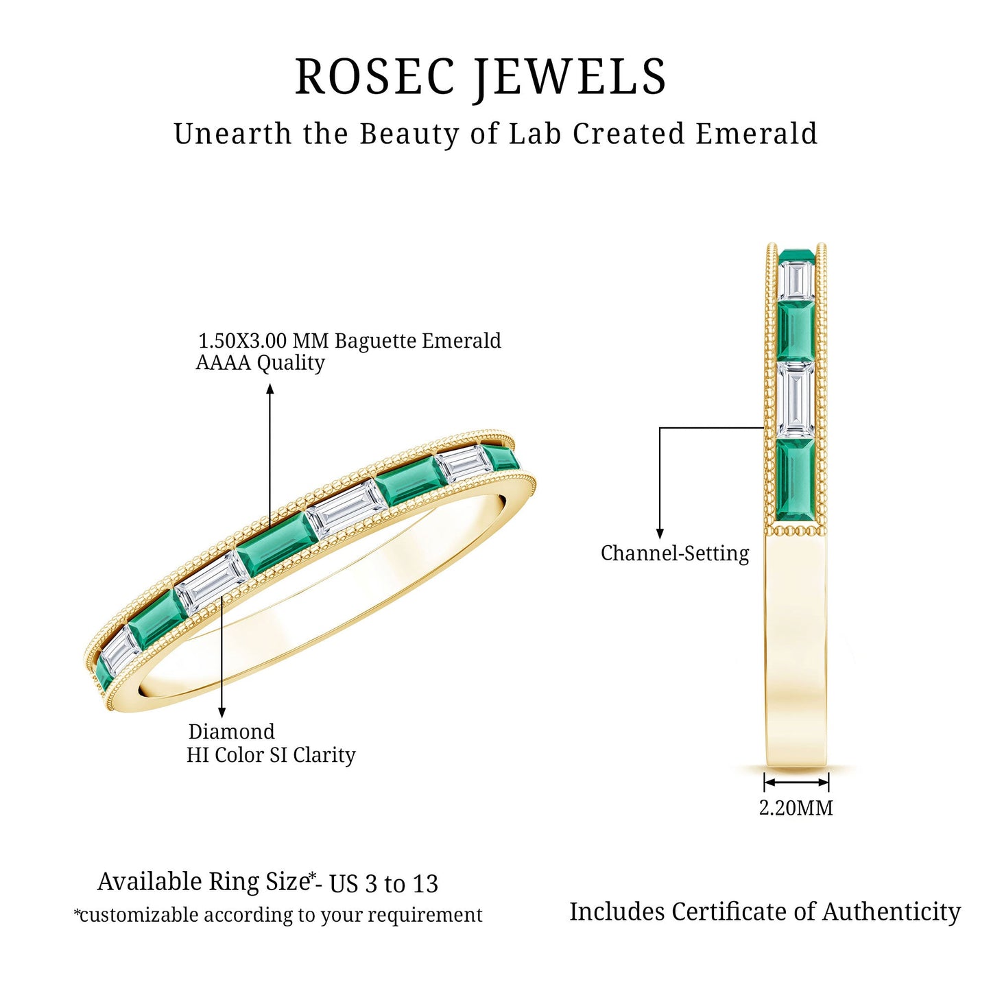 Baguette Cut Lab Grown Emerald and Diamond Band Ring