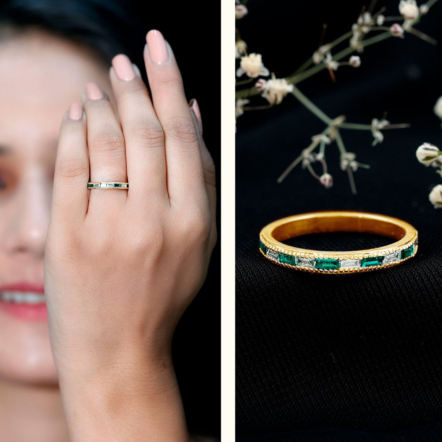 Baguette Cut Lab Grown Emerald and Diamond Band Ring