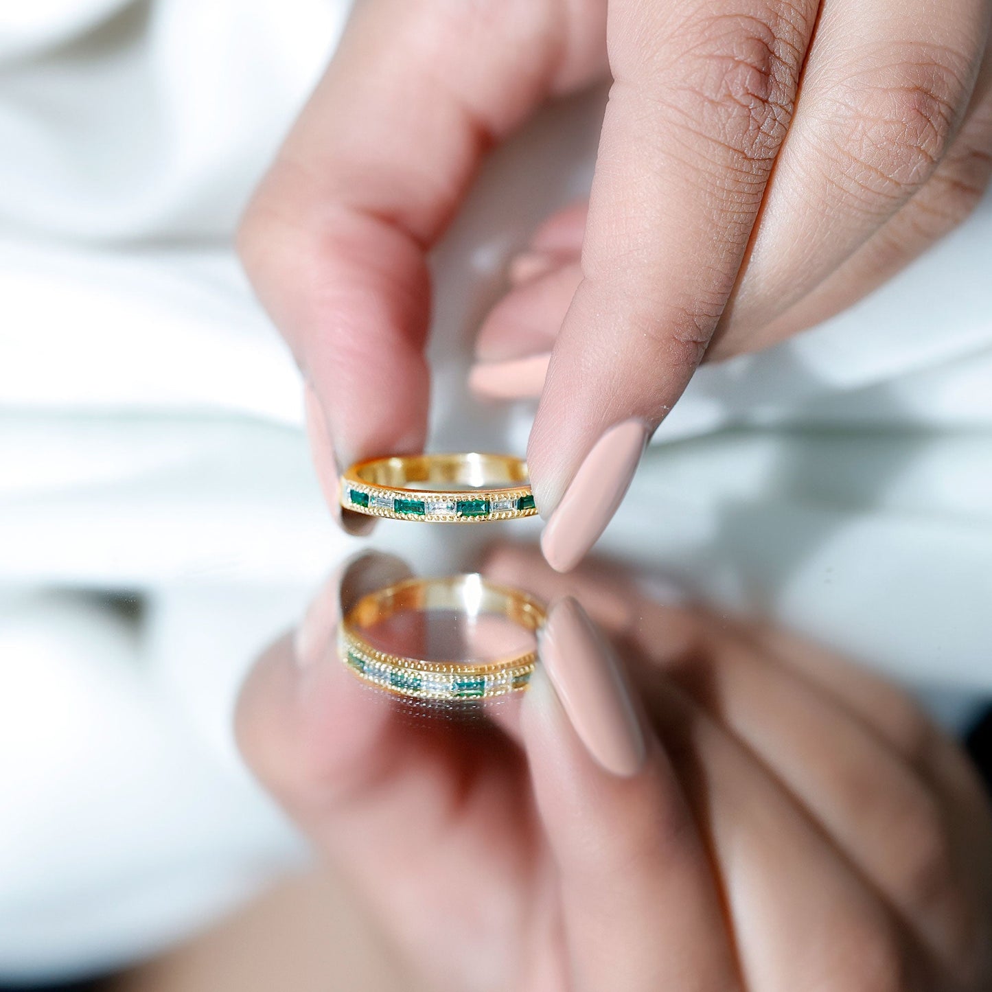Baguette Cut Lab Grown Emerald and Diamond Band Ring