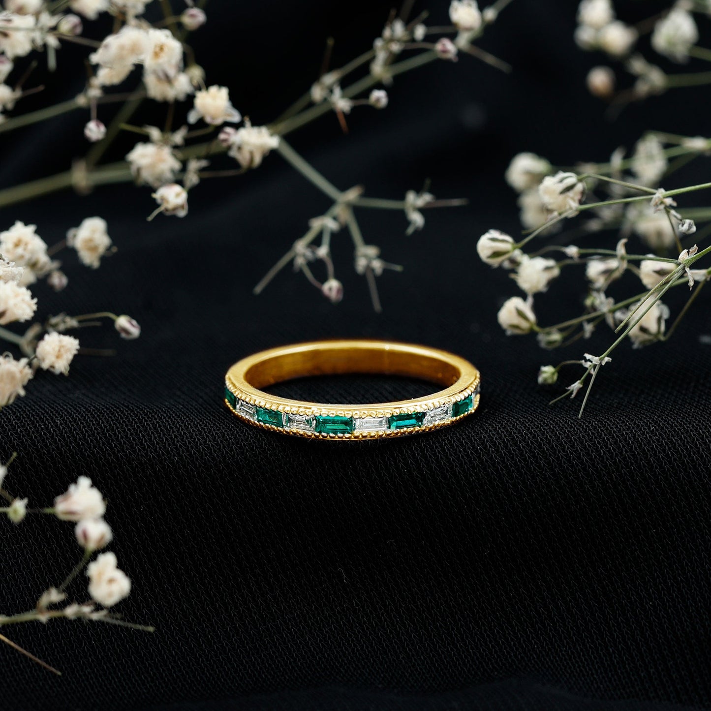 Baguette Cut Lab Grown Emerald and Diamond Band Ring