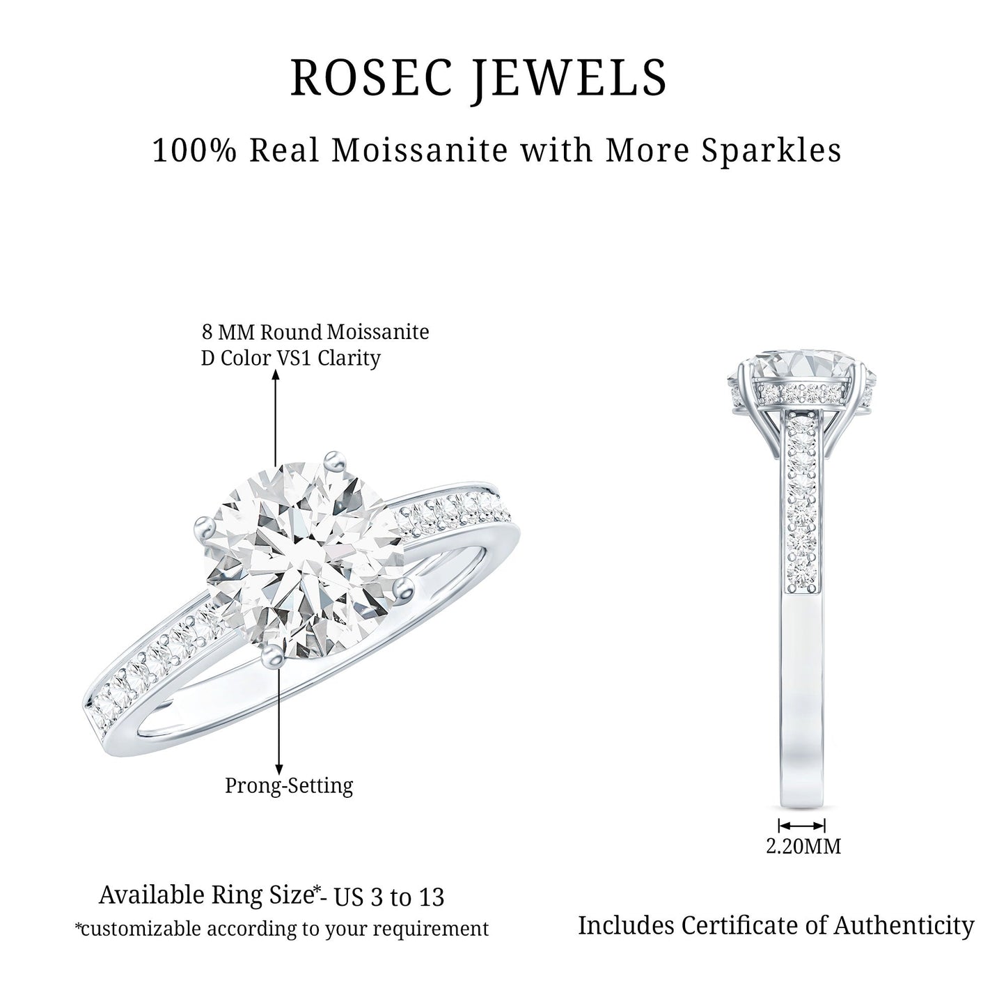 2 Carat Round Cut Moissanite Engagement Ring in 4 Prong Setting