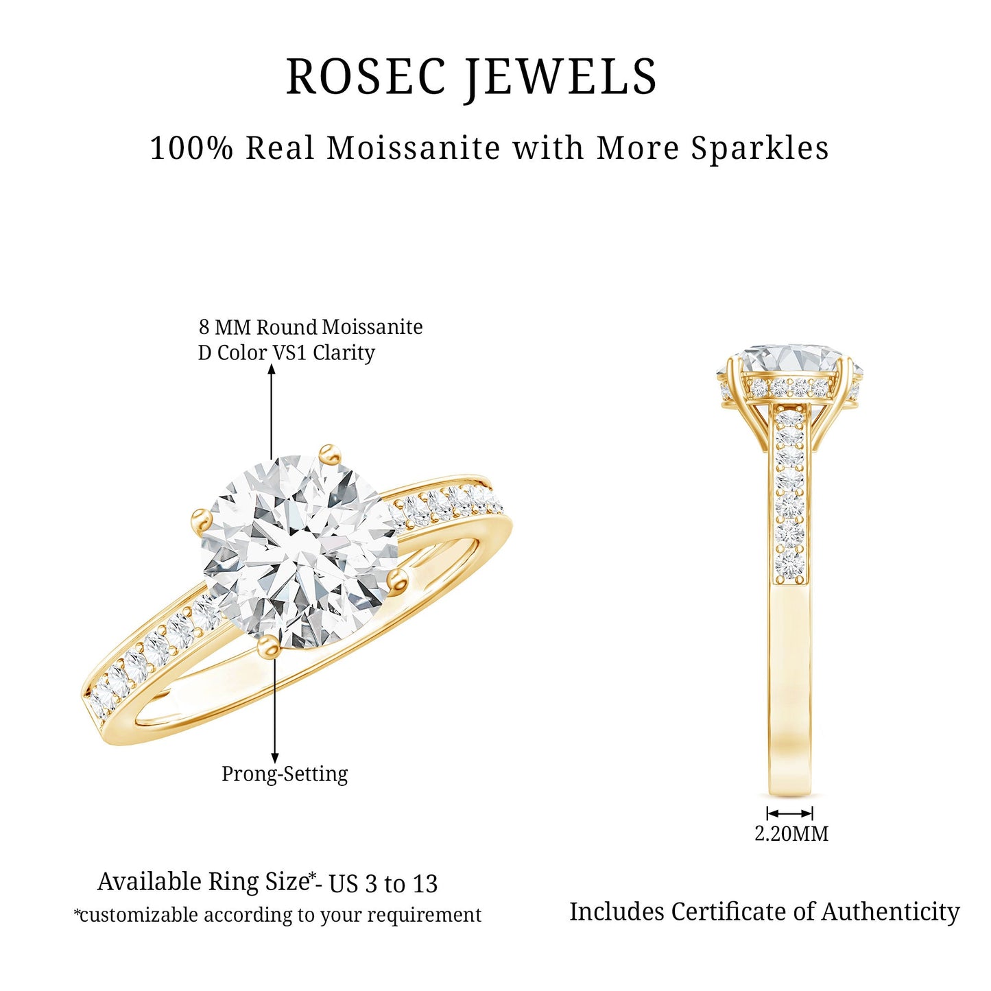 2 Carat Round Cut Moissanite Engagement Ring in 4 Prong Setting